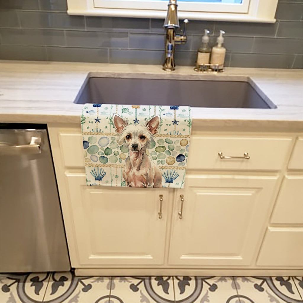 Hairless Chinese Crested Coastal Sea Glass Kitchen Towel Velour Plush Front and Cotton Loop Back Machine Washable
