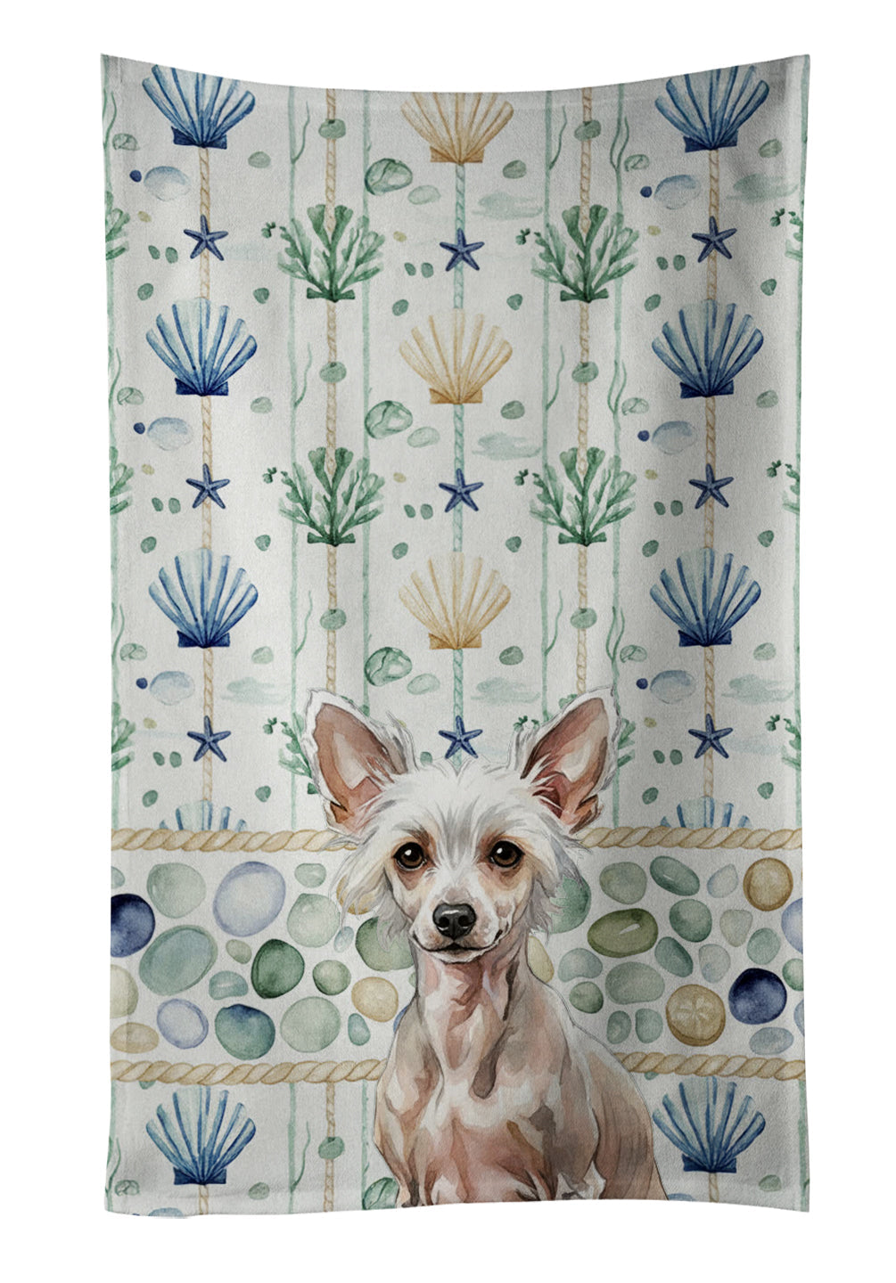 Hairless Chinese Crested Coastal Sea Glass Kitchen Towel Velour Plush Front and Cotton Loop Back Machine Washable