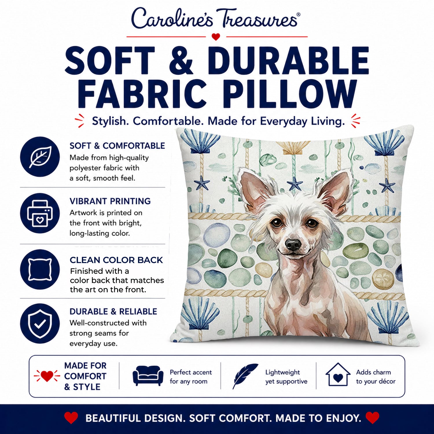 Hairless Chinese Crested Coastal Sea Glass Decorative Throw Pillow 14x14 Indoor Outdoor Accent Cushion, Fabric Cover with Insert for Sofa, Bed, Porch & Living Room