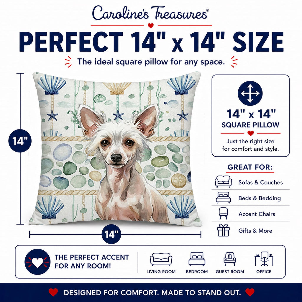 Hairless Chinese Crested Coastal Sea Glass Decorative Throw Pillow 14x14 Indoor Outdoor Accent Cushion, Fabric Cover with Insert for Sofa, Bed, Porch & Living Room