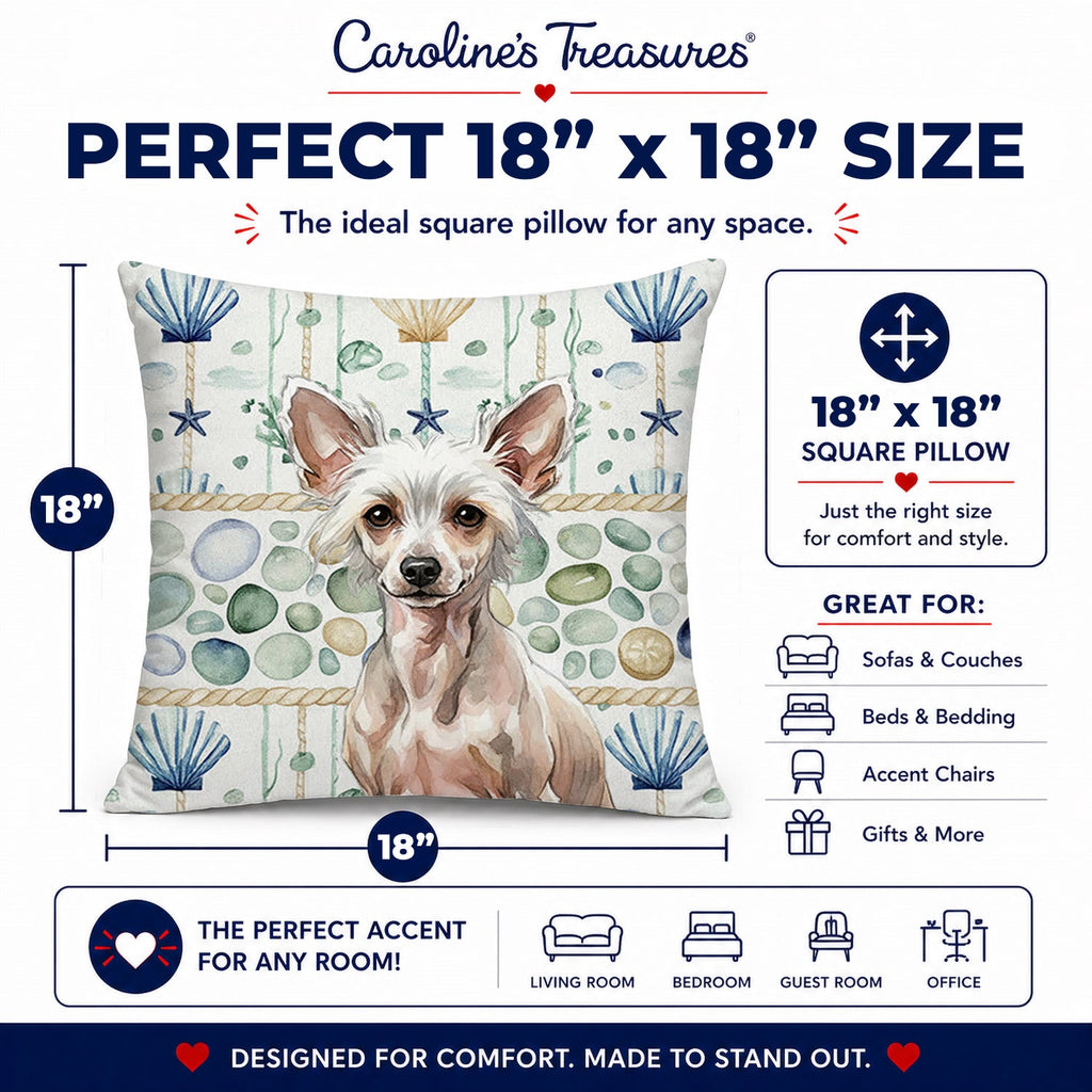 Hairless Chinese Crested Coastal Sea Glass Decorative Throw Pillow 18x18 Indoor Outdoor Accent Cushion, Fabric Cover with Insert for Sofa, Bed, Porch & Living Room