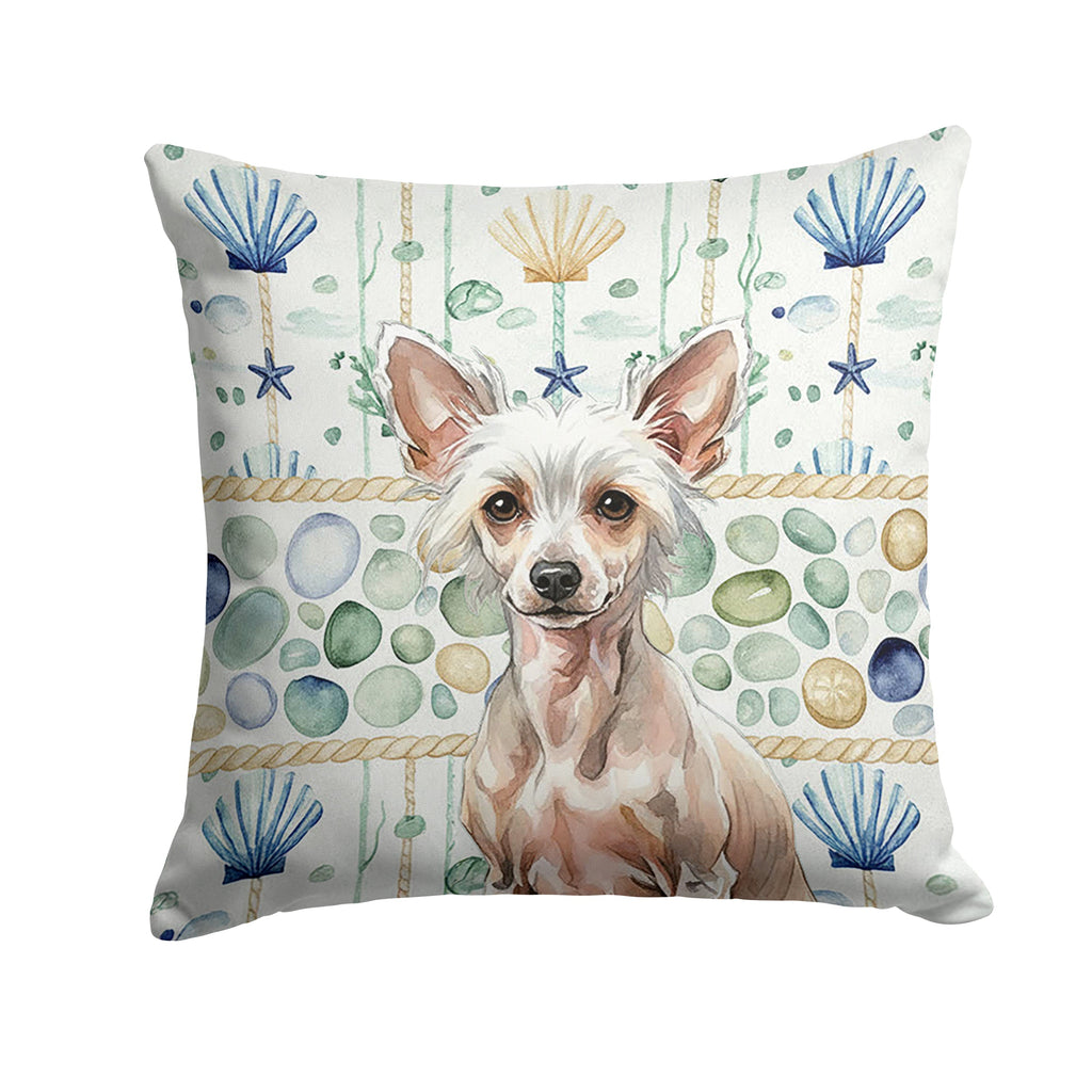Hairless Chinese Crested Coastal Sea Glass Decorative Throw Pillow 18x18 Indoor Outdoor Accent Cushion, Fabric Cover with Insert for Sofa, Bed, Porch & Living Room