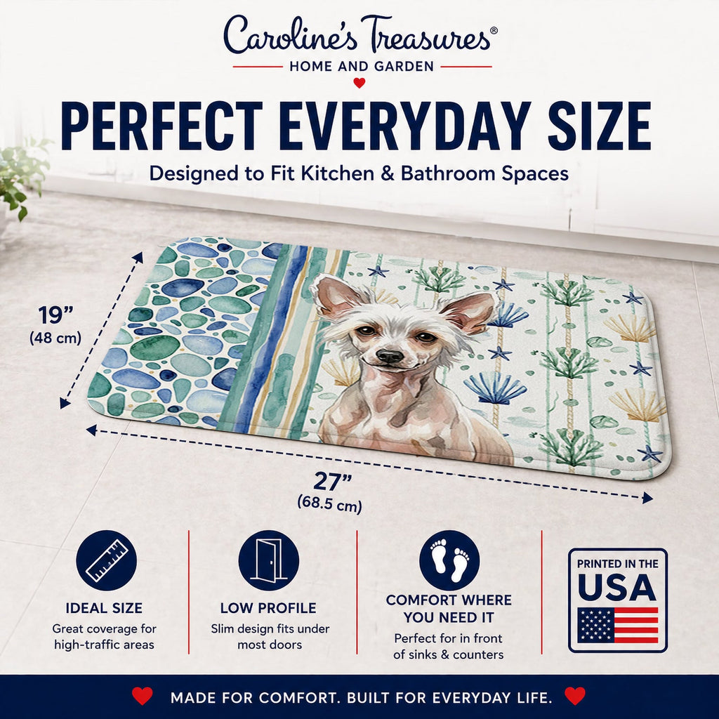 Hairless Chinese Crested Coastal Sea Glass Memory Foam Kitchen Mat Machine Washable Anti-Fatigue Cushion Comfort Bath or Kitchen Rug