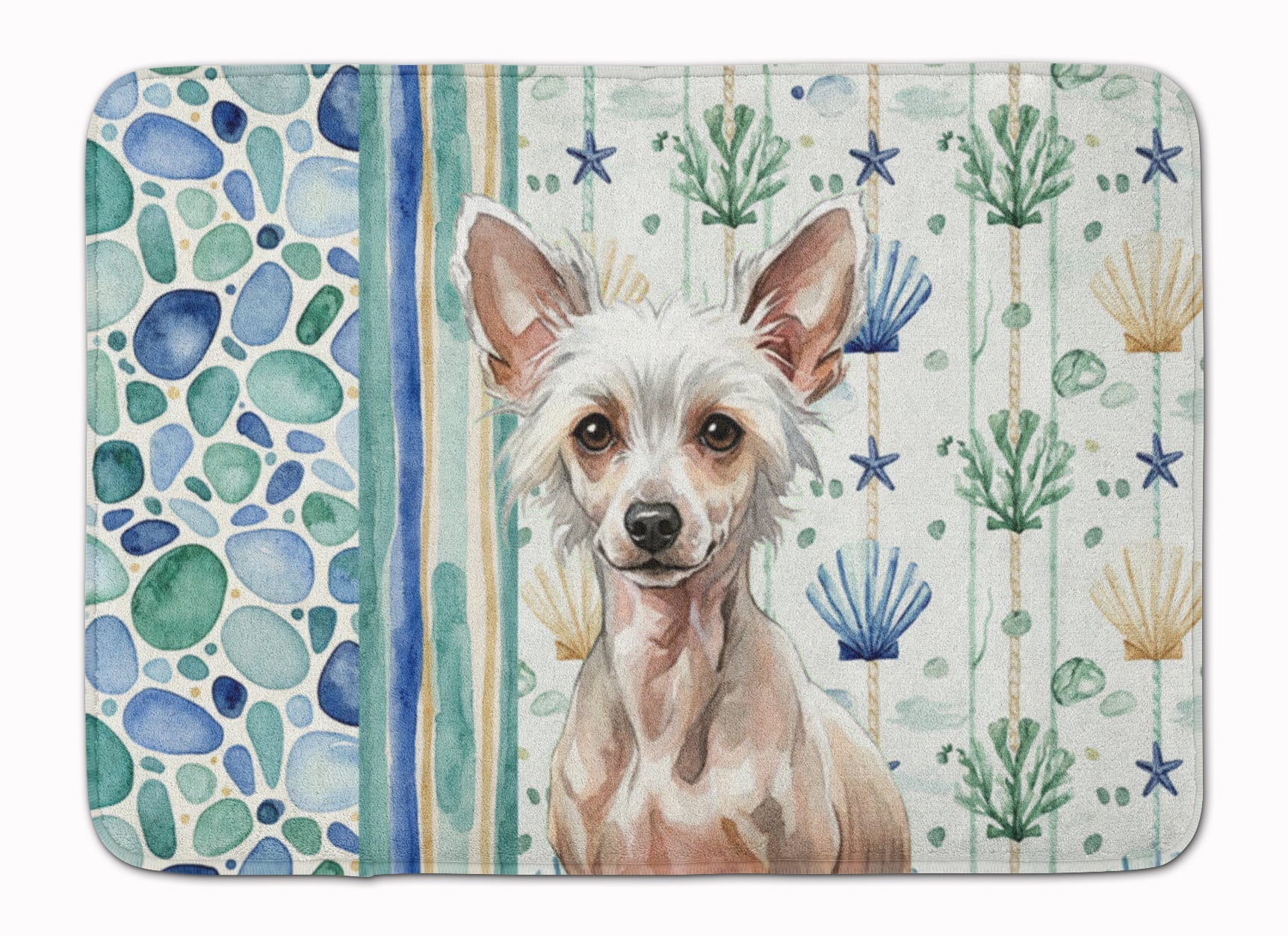 Hairless Chinese Crested Coastal Sea Glass Memory Foam Kitchen Mat Machine Washable Anti-Fatigue Cushion Comfort Bath or Kitchen Rug