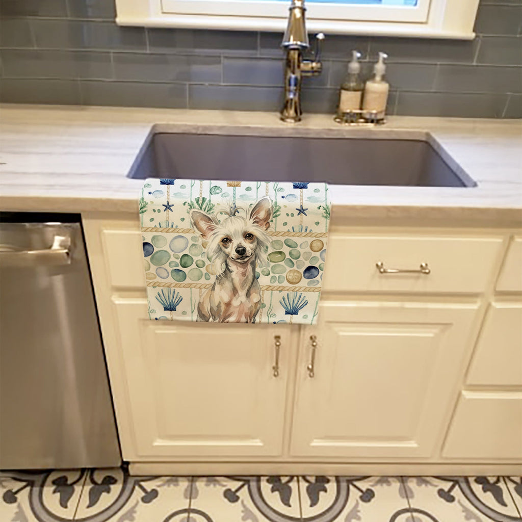Hairless Mottled Pattern Chinese Crested Coastal Sea Glass Kitchen Towel Velour Plush Front and Cotton Loop Back Machine Washable