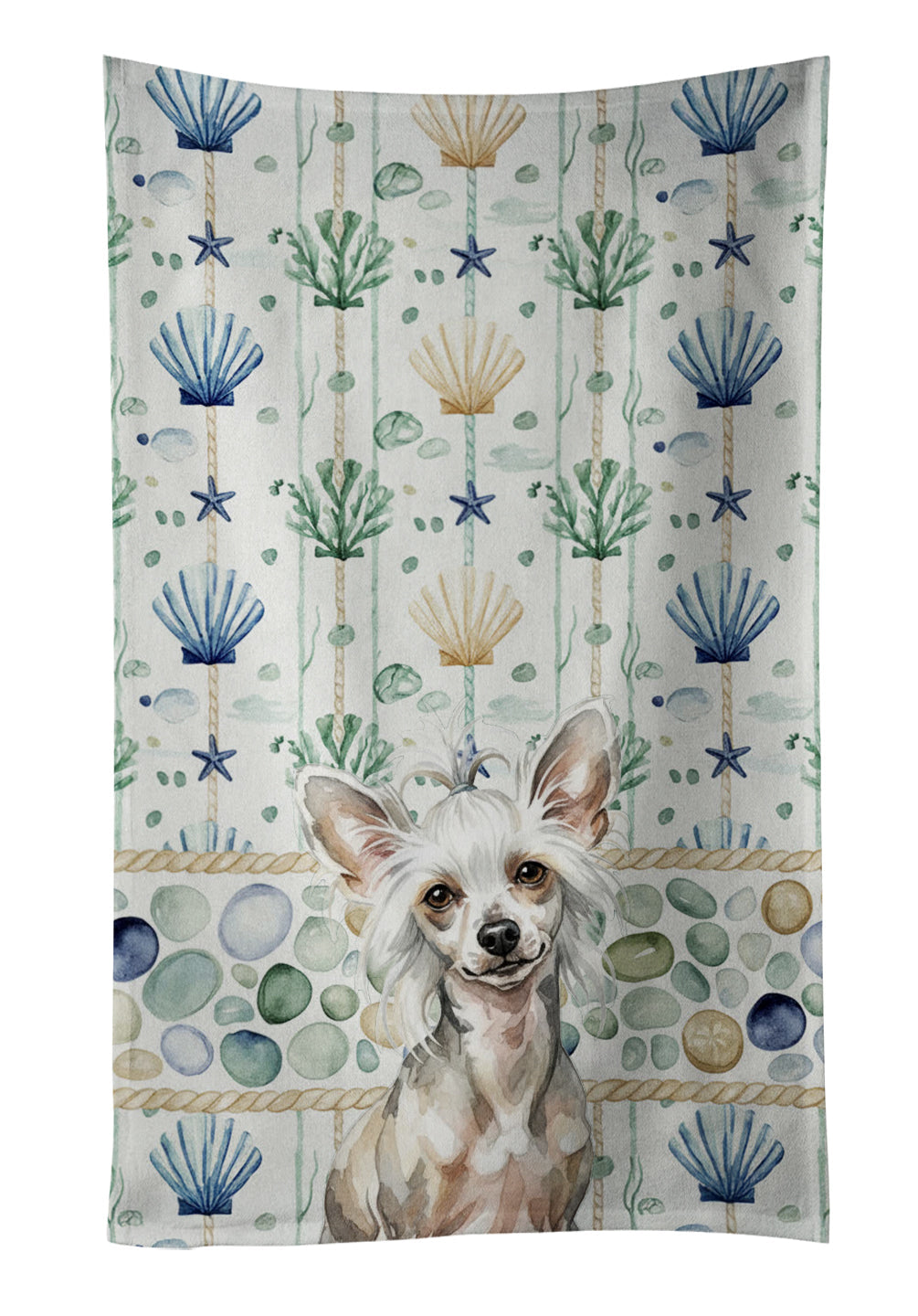 Hairless Mottled Pattern Chinese Crested Coastal Sea Glass Kitchen Towel Velour Plush Front and Cotton Loop Back Machine Washable