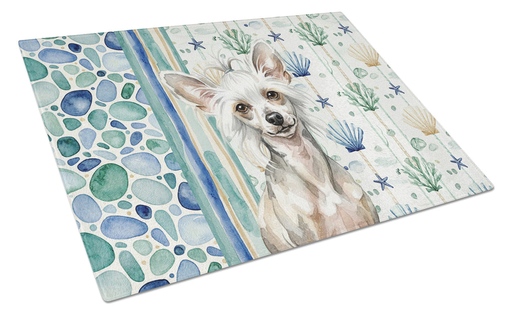 Hairless Mottled Pattern Chinese Crested Coastal Sea Glass Cutting Board Tempered Glass Kitchen Cutting Surface, Heat Resistant Chopping, Non-Slip Feet, Food Prep & Serving