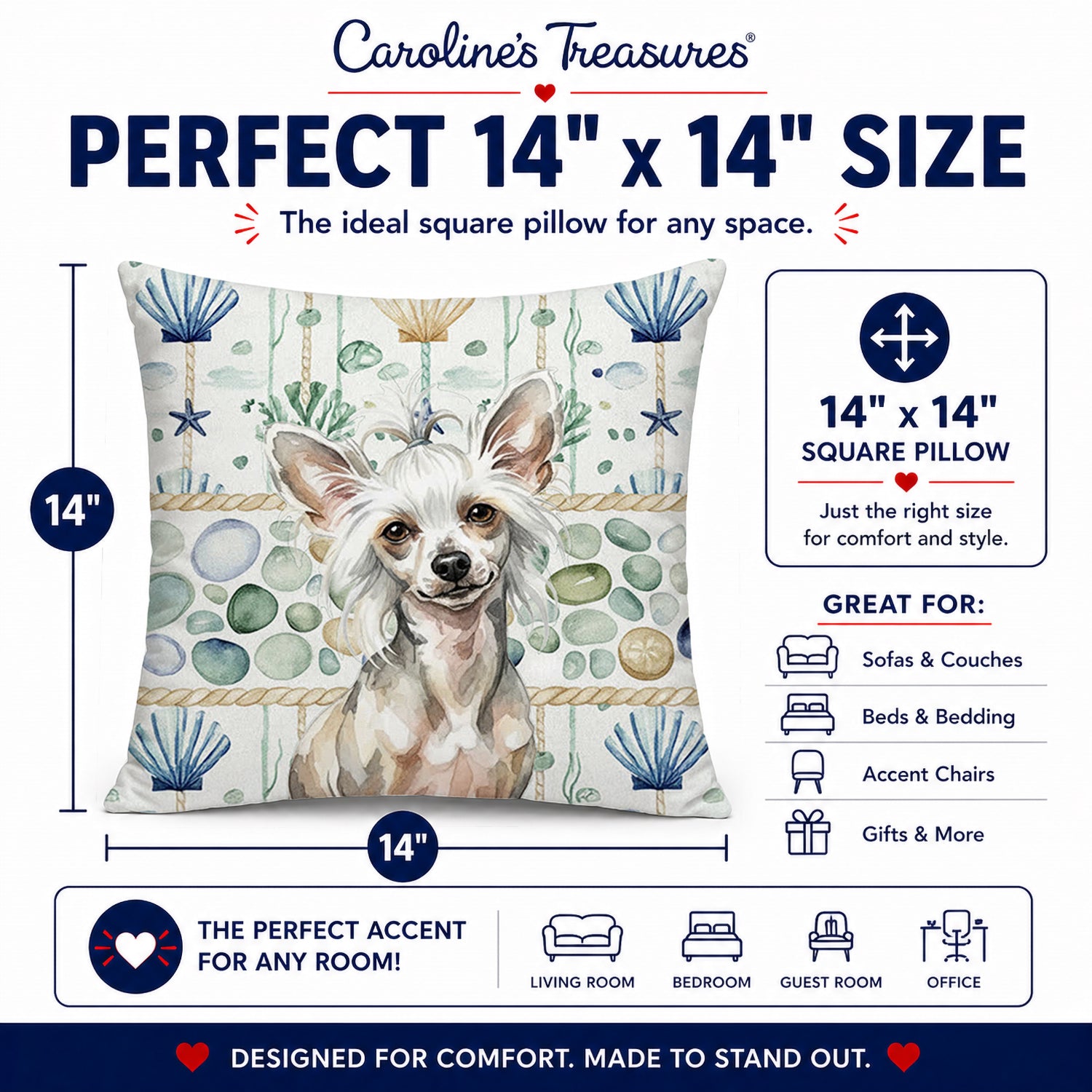 Hairless Mottled Pattern Chinese Crested Coastal Sea Glass Decorative Throw Pillow 14x14 Indoor Outdoor Accent Cushion, Fabric Cover with Insert for Sofa, Bed, Porch & Living Room