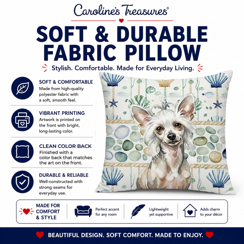 Hairless Mottled Pattern Chinese Crested Coastal Sea Glass Decorative Throw Pillow 18x18 Indoor Outdoor Accent Cushion, Fabric Cover with Insert for Sofa, Bed, Porch & Living Room