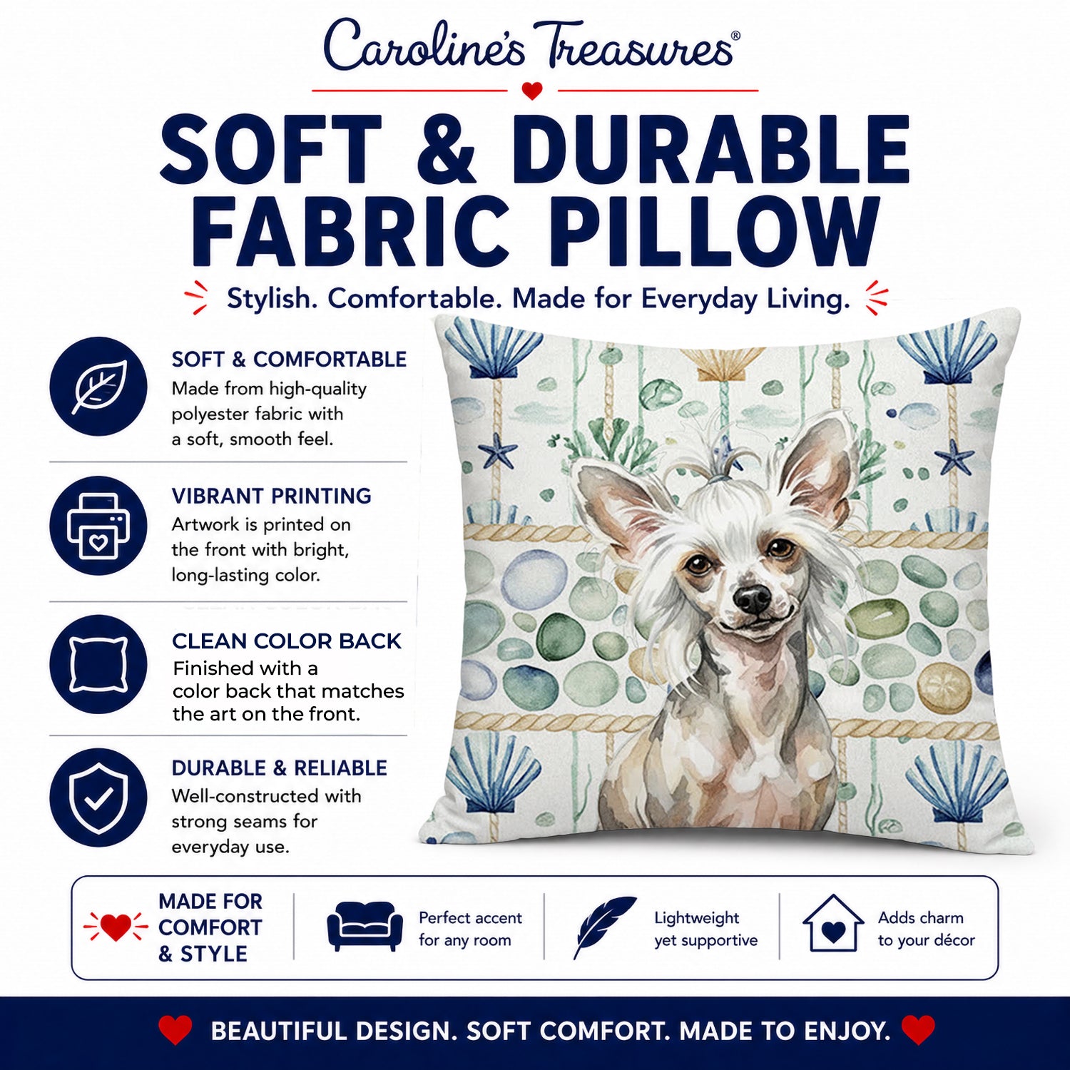 Hairless Mottled Pattern Chinese Crested Coastal Sea Glass Decorative Throw Pillow 18x18 Indoor Outdoor Accent Cushion, Fabric Cover with Insert for Sofa, Bed, Porch & Living Room