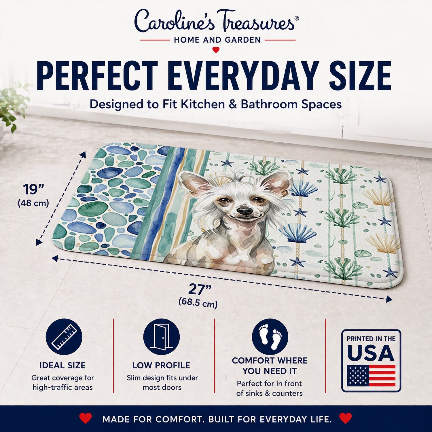 Hairless Mottled Pattern Chinese Crested Coastal Sea Glass Memory Foam Kitchen Mat Machine Washable Anti-Fatigue Cushion Comfort Bath or Kitchen Rug