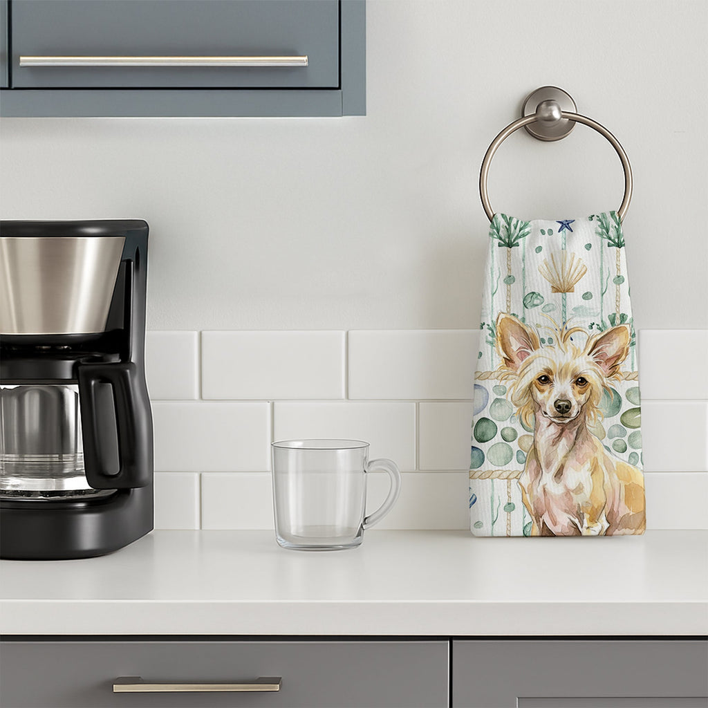 Hairless Palomino Chinese Crested Coastal Sea Glass Kitchen Towel Velour Plush Front and Cotton Loop Back Machine Washable