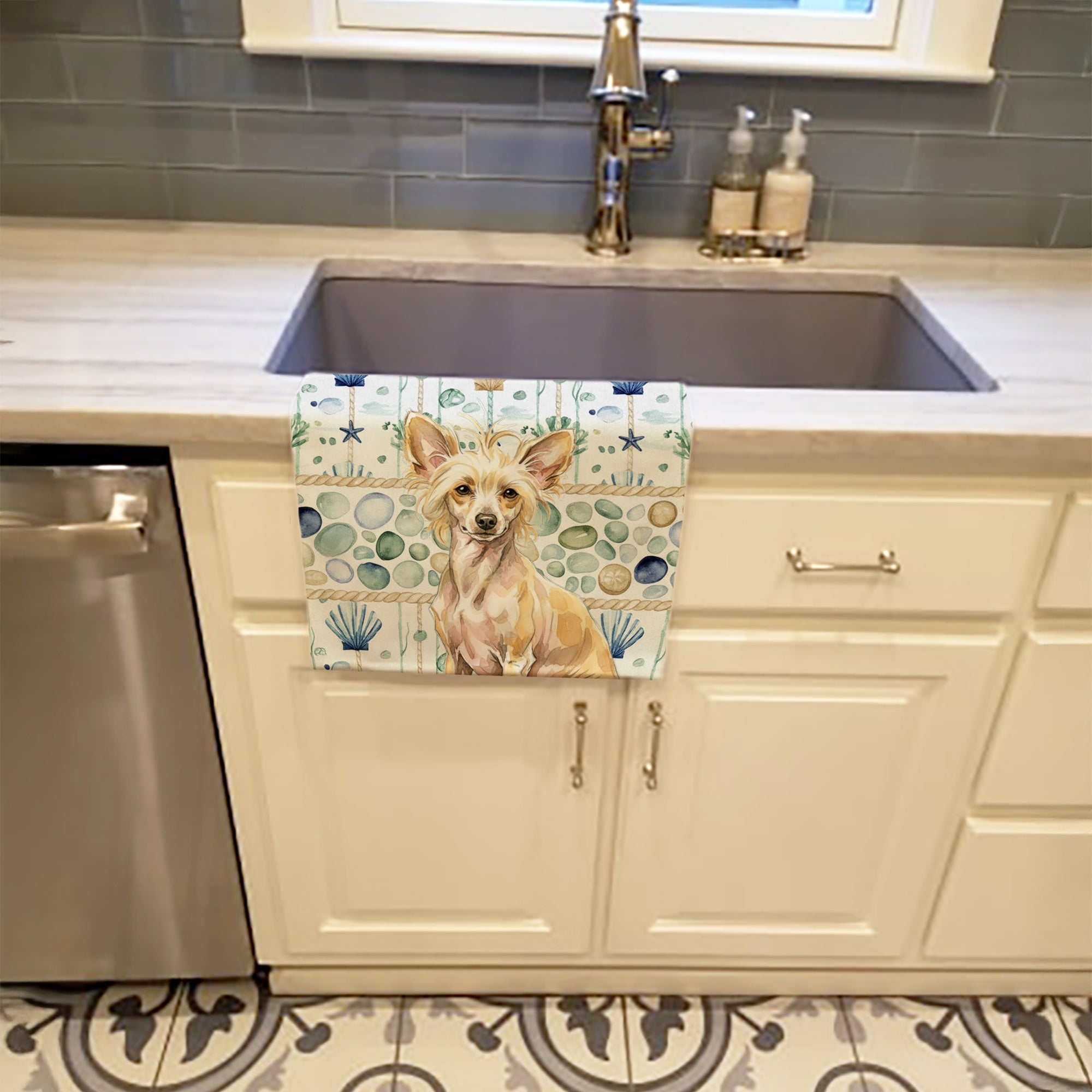 Hairless Palomino Chinese Crested Coastal Sea Glass Kitchen Towel Velour Plush Front and Cotton Loop Back Machine Washable