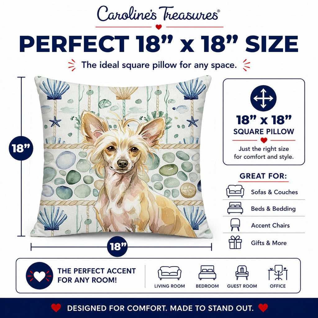 Hairless Palomino Chinese Crested Coastal Sea Glass Decorative Throw Pillow 18x18 Indoor Outdoor Accent Cushion, Fabric Cover with Insert for Sofa, Bed, Porch & Living Room