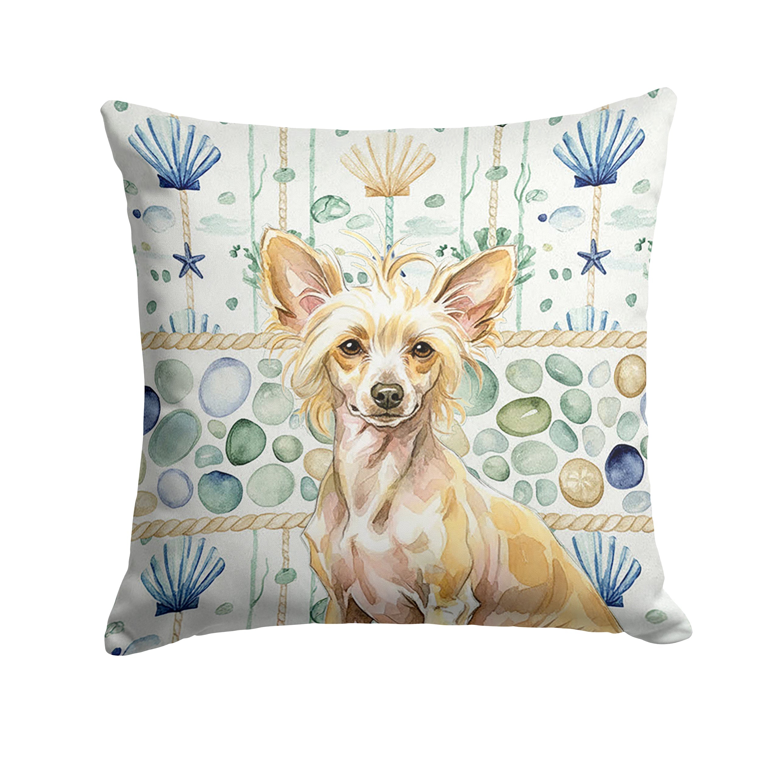 Hairless Palomino Chinese Crested Coastal Sea Glass Decorative Throw Pillow 18x18 Indoor Outdoor Accent Cushion, Fabric Cover with Insert for Sofa, Bed, Porch & Living Room