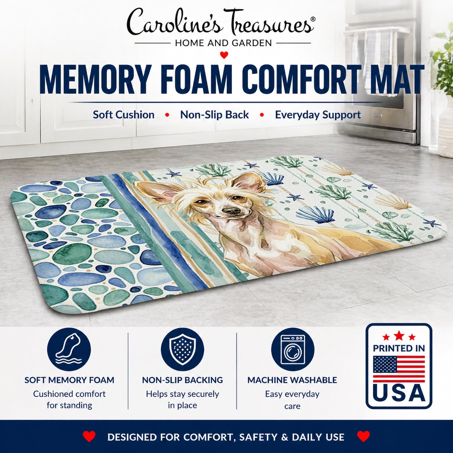 Hairless Palomino Chinese Crested Coastal Sea Glass Memory Foam Kitchen Mat Machine Washable Anti-Fatigue Cushion Comfort Bath or Kitchen Rug
