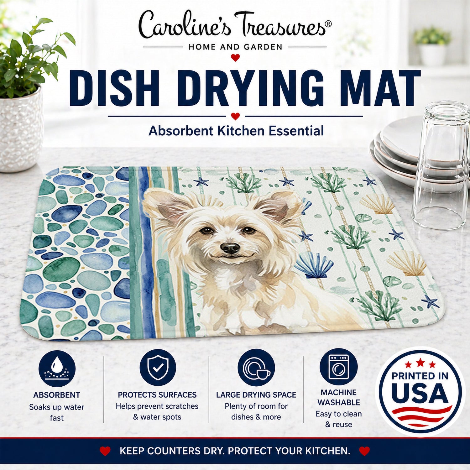 Powderpuff Chinese Crested Coastal Sea Glass Dish Drying Mat Absorbent Dish Drying Mat Pad for Kitchen Counter Dish Drainer Mat for Countertop, 14 x 21", Multicolor