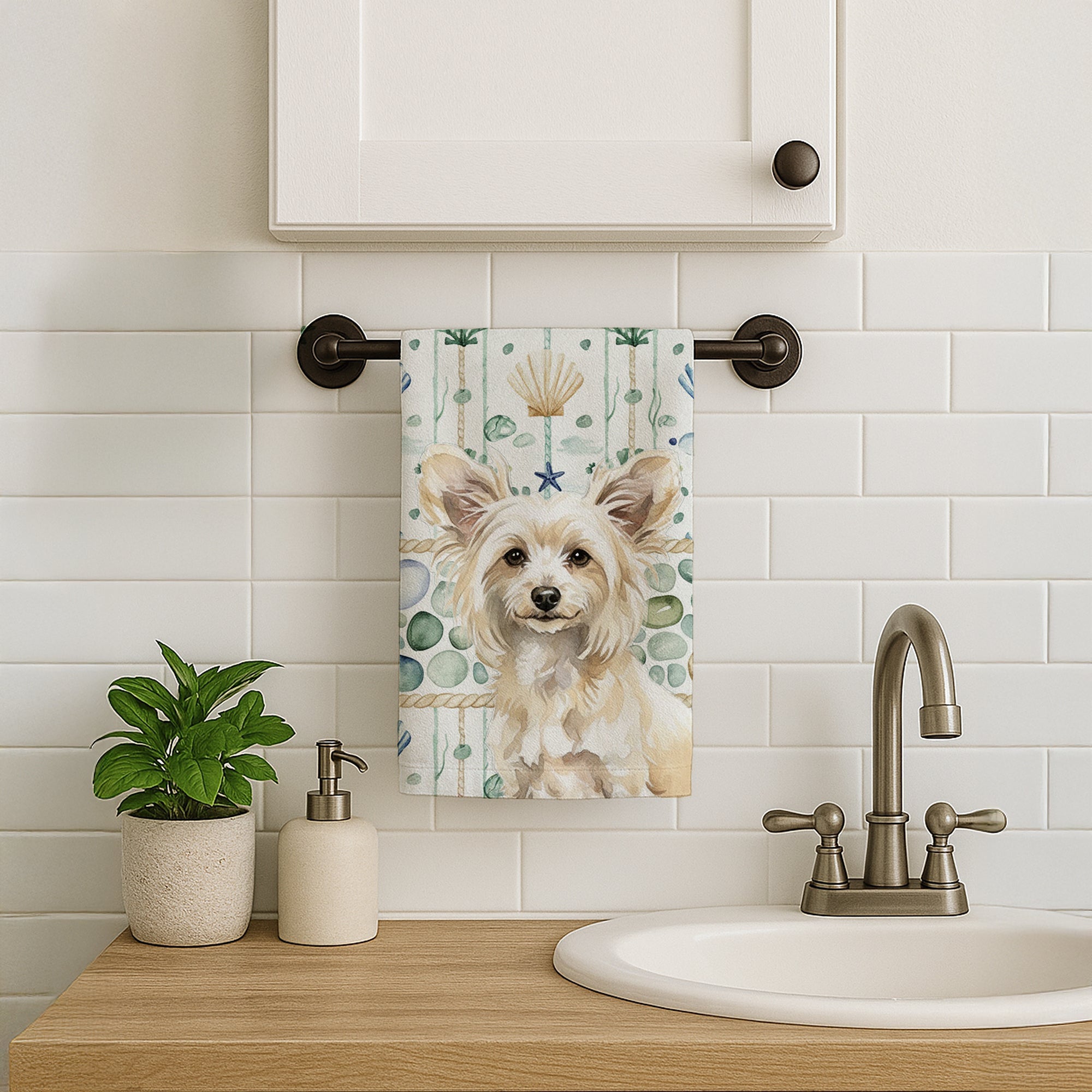 Powderpuff Chinese Crested Coastal Sea Glass Kitchen Towel Velour Plush Front and Cotton Loop Back Machine Washable