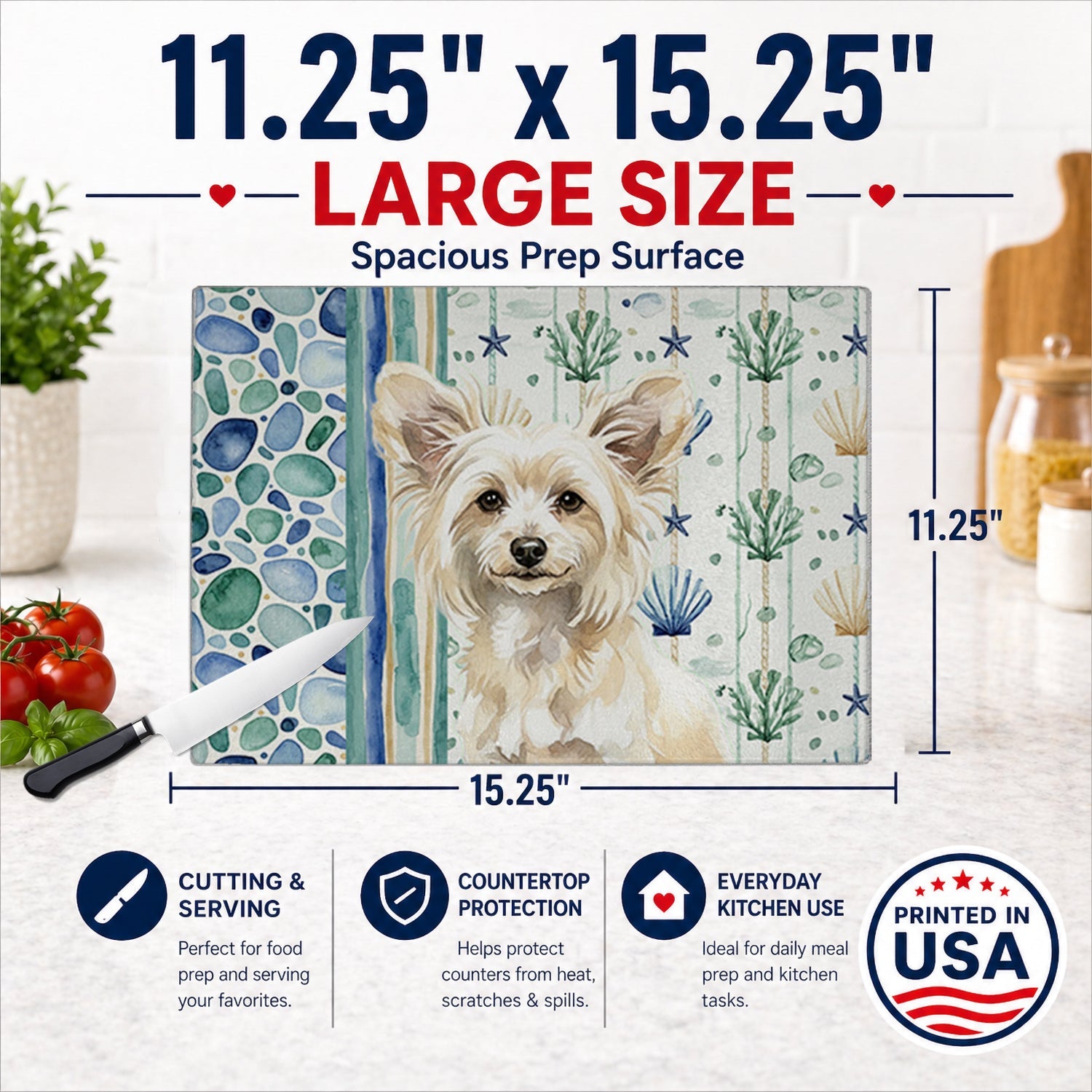 Powderpuff Chinese Crested Coastal Sea Glass Cutting Board Tempered Glass Kitchen Cutting Surface, Heat Resistant Chopping, Non-Slip Feet, Food Prep & Serving