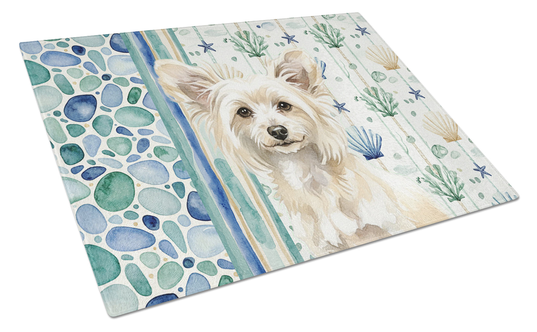 Powderpuff Chinese Crested Coastal Sea Glass Cutting Board Tempered Glass Kitchen Cutting Surface, Heat Resistant Chopping, Non-Slip Feet, Food Prep & Serving