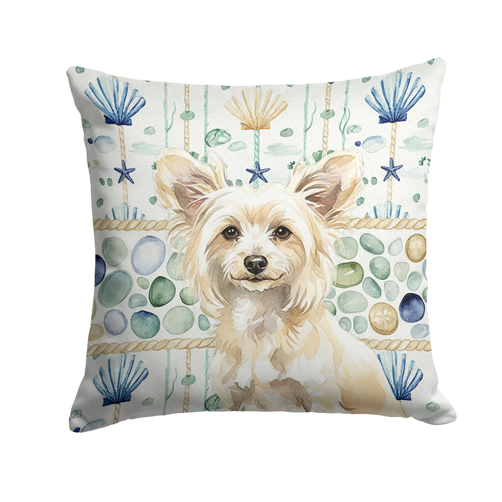 Powderpuff Chinese Crested Coastal Sea Glass Decorative Throw Pillow 14x14 Indoor Outdoor Accent Cushion, Fabric Cover with Insert for Sofa, Bed, Porch & Living Room