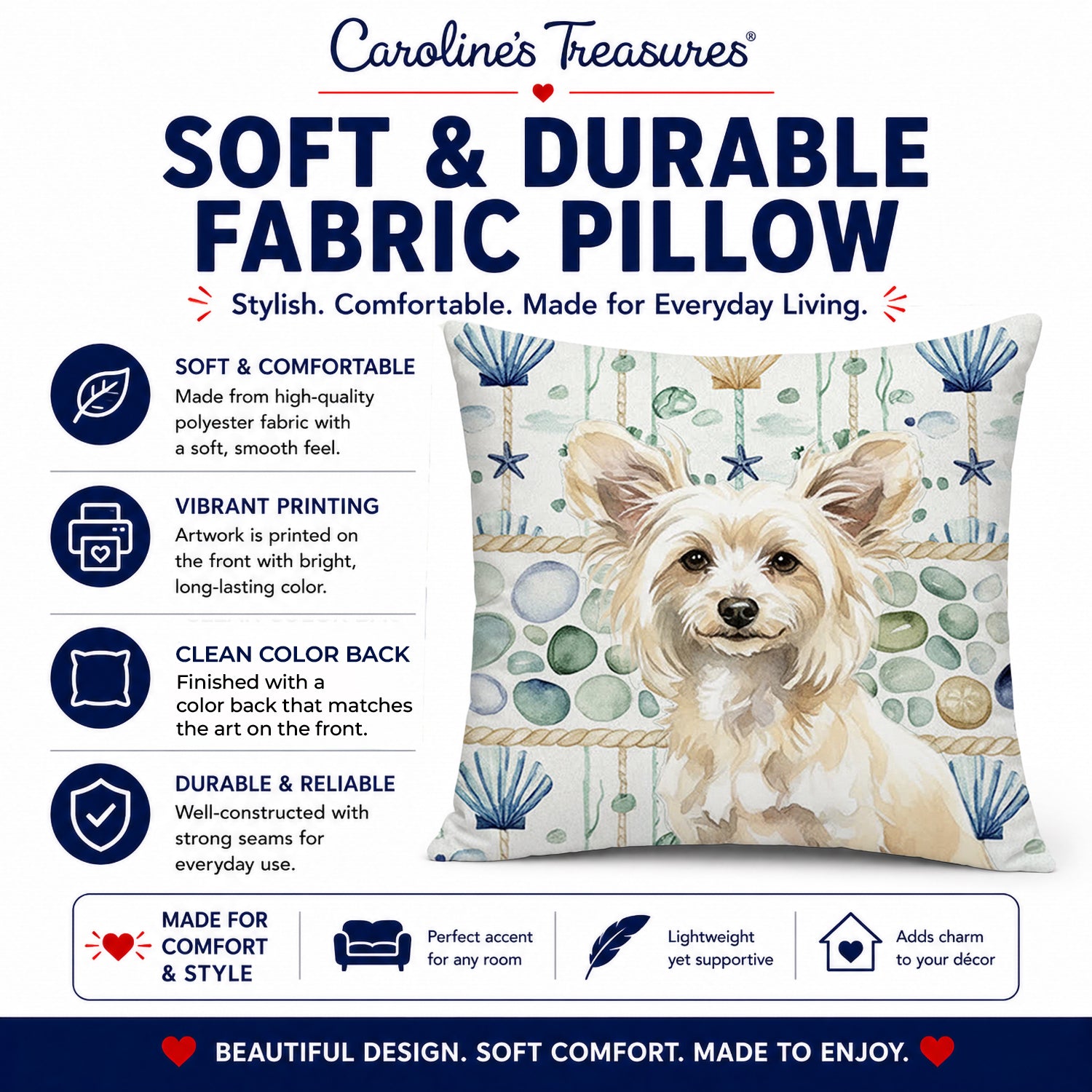 Powderpuff Chinese Crested Coastal Sea Glass Decorative Throw Pillow 18x18 Indoor Outdoor Accent Cushion, Fabric Cover with Insert for Sofa, Bed, Porch & Living Room
