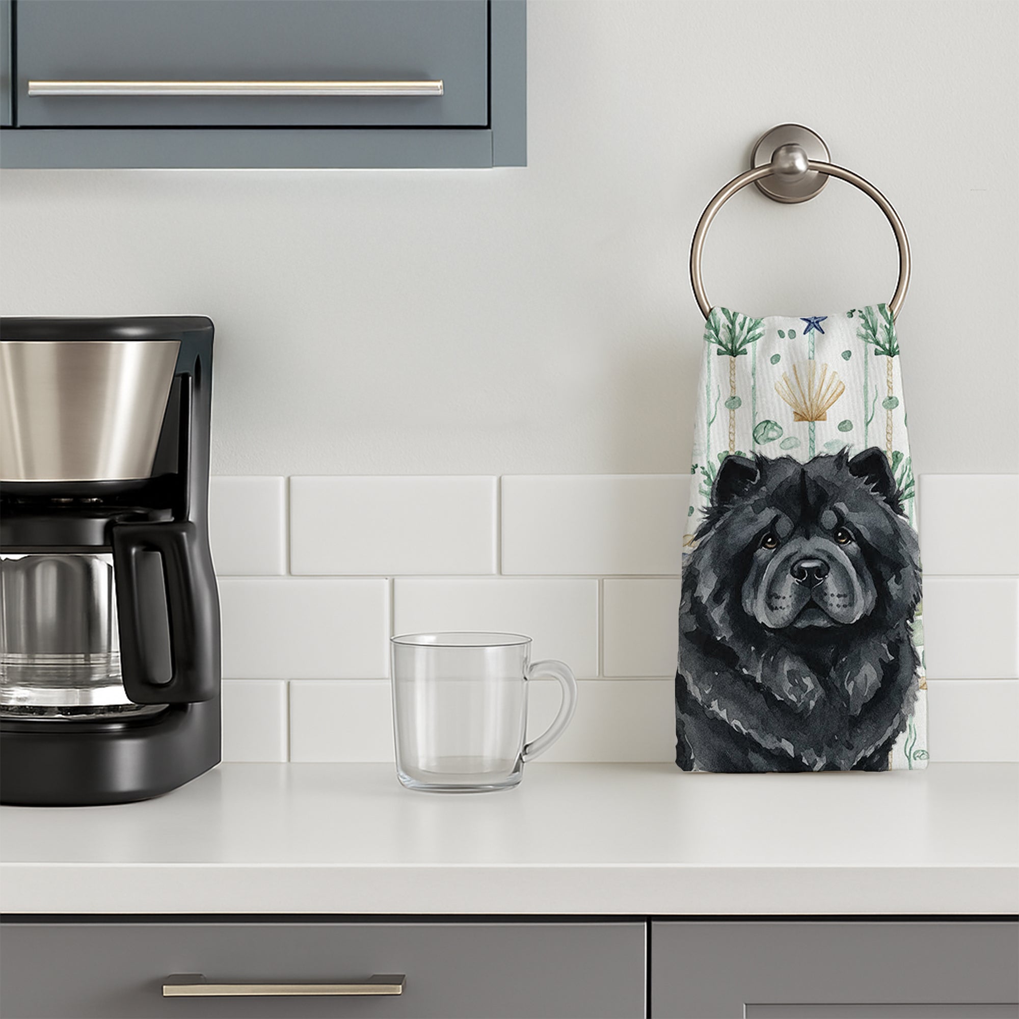 Black Chow Chow Coastal Sea Glass Kitchen Towel Velour Plush Front and Cotton Loop Back Machine Washable