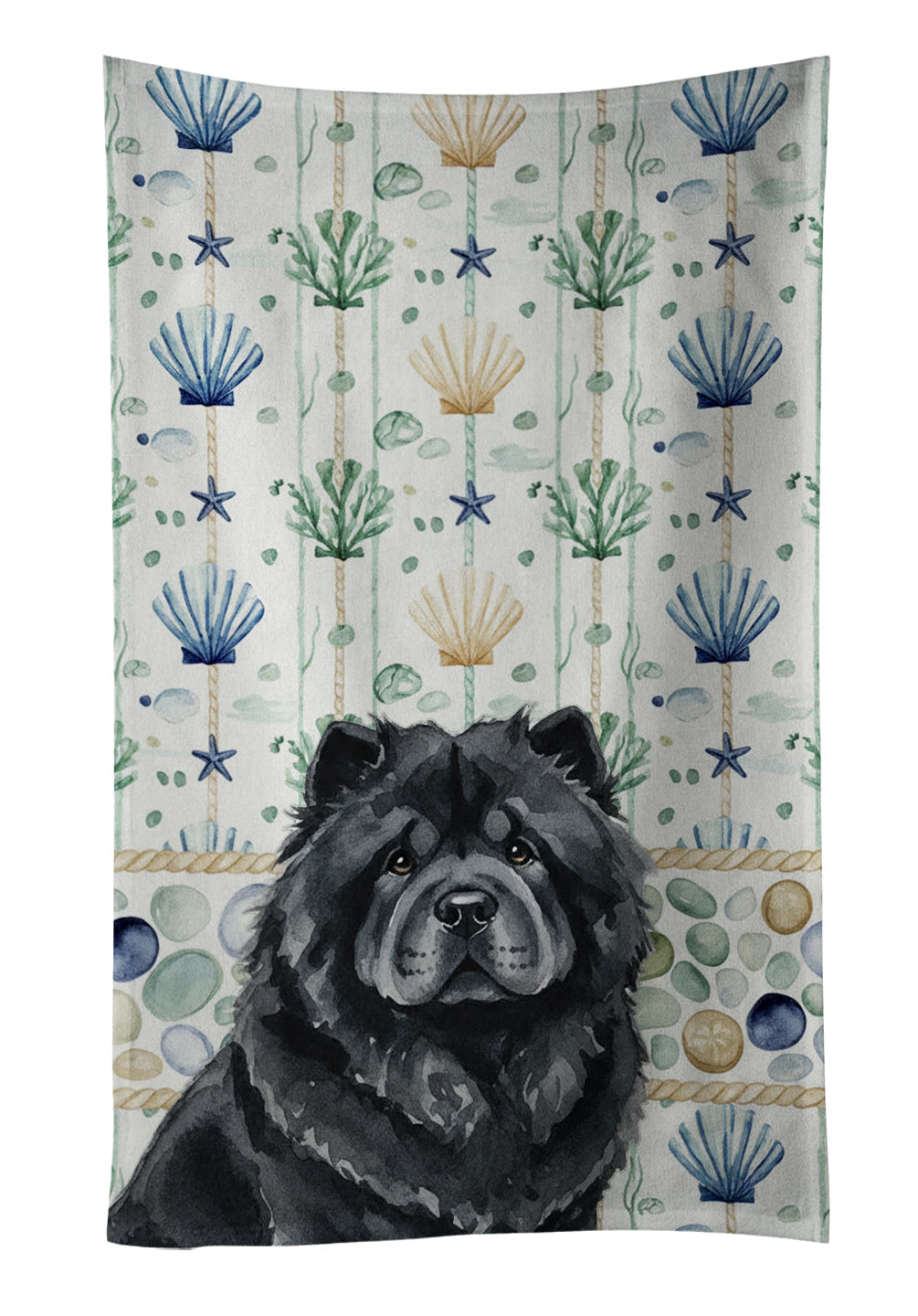 Black Chow Chow Coastal Sea Glass Kitchen Towel Velour Plush Front and Cotton Loop Back Machine Washable