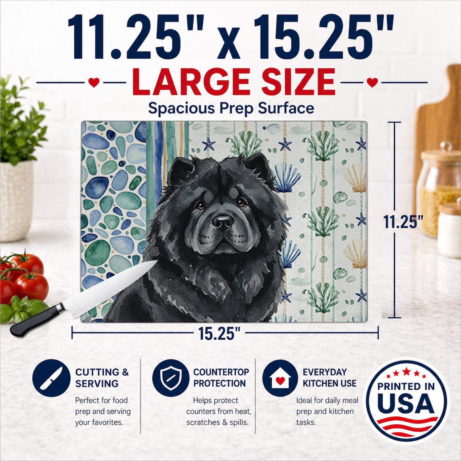 Black Chow Chow Coastal Sea Glass Cutting Board Tempered Glass Kitchen Cutting Surface, Heat Resistant Chopping, Non-Slip Feet, Food Prep & Serving