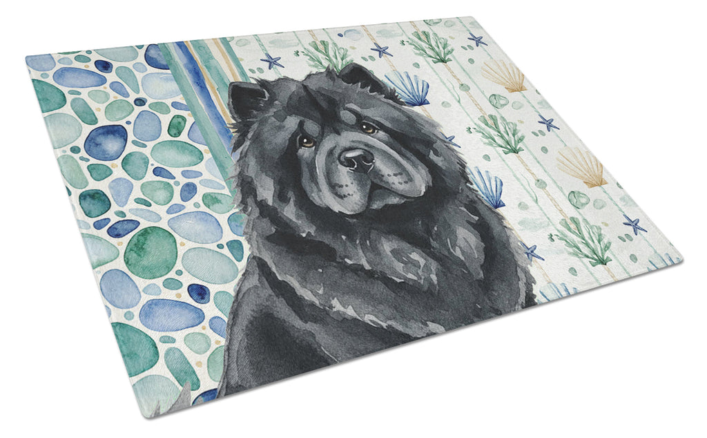 Black Chow Chow Coastal Sea Glass Cutting Board Tempered Glass Kitchen Cutting Surface, Heat Resistant Chopping, Non-Slip Feet, Food Prep & Serving