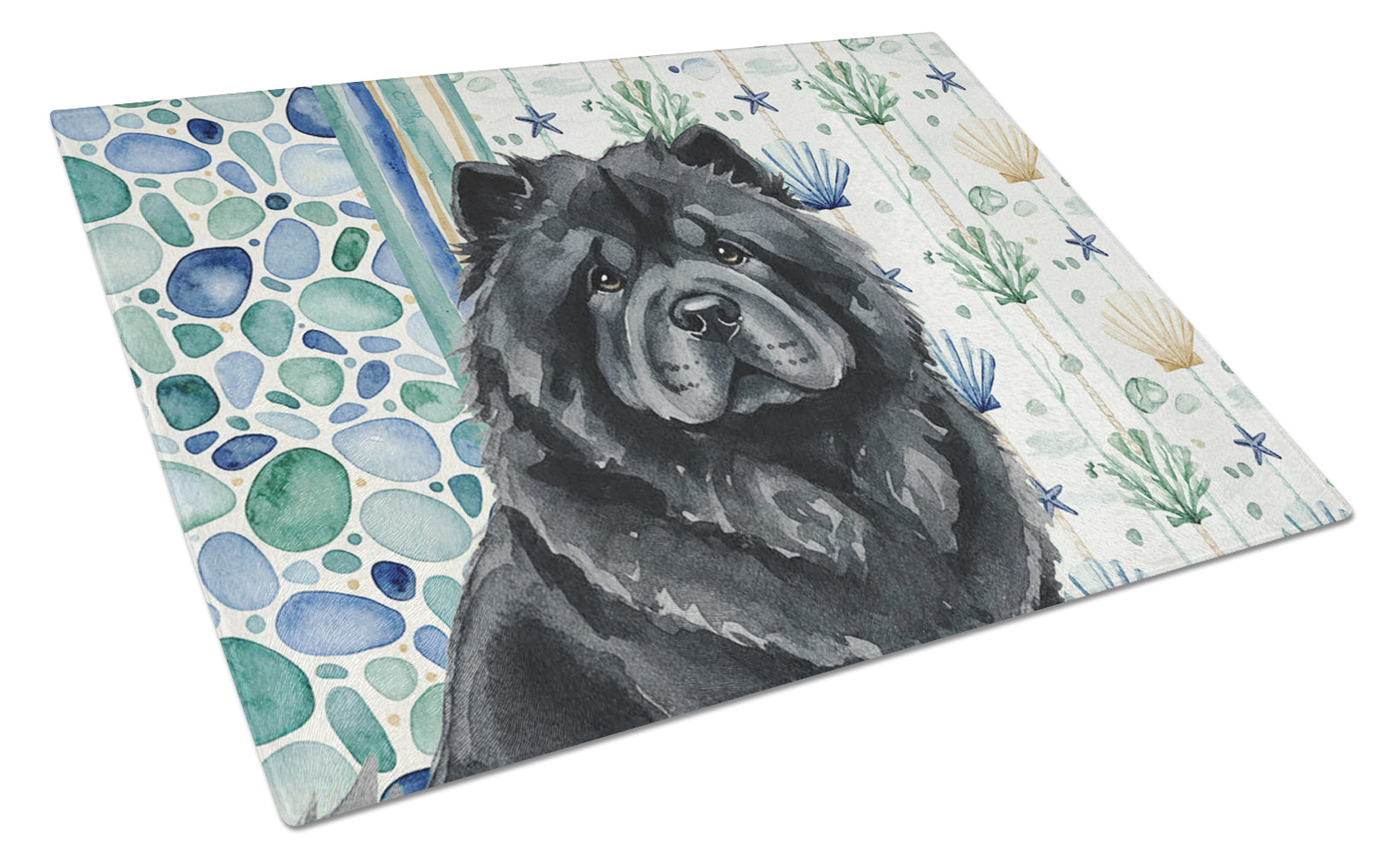 Black Chow Chow Coastal Sea Glass Cutting Board Tempered Glass Kitchen Cutting Surface, Heat Resistant Chopping, Non-Slip Feet, Food Prep & Serving