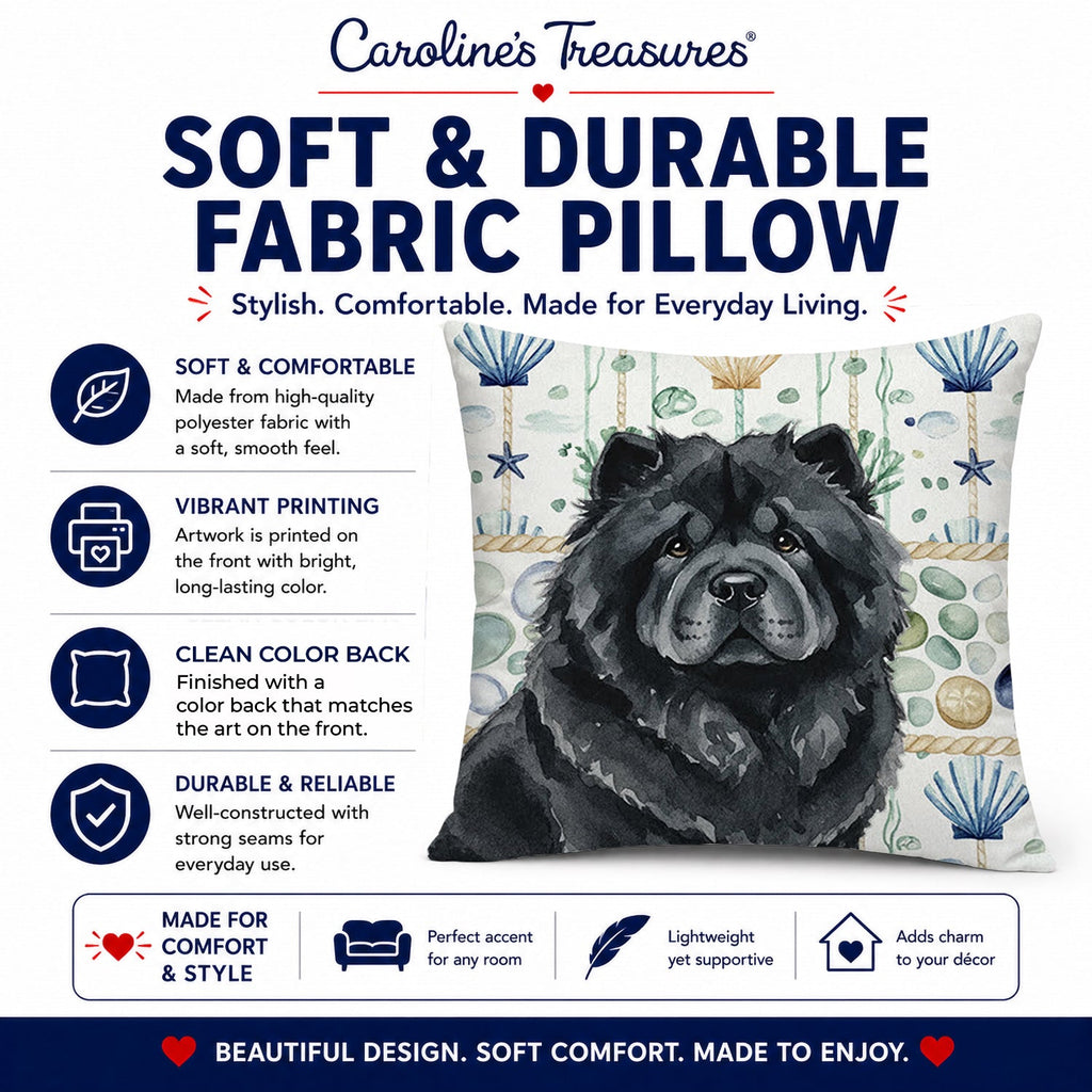 Black Chow Chow Coastal Sea Glass Decorative Throw Pillow 14x14 Indoor Outdoor Accent Cushion, Fabric Cover with Insert for Sofa, Bed, Porch & Living Room