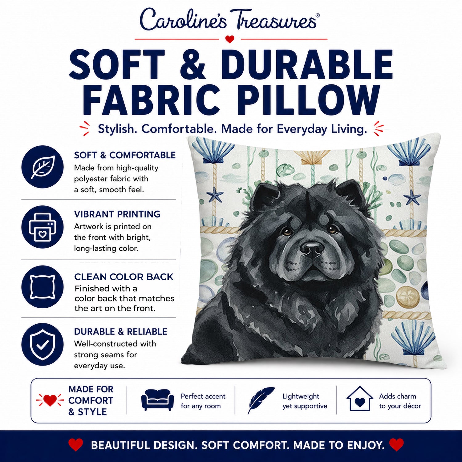 Black Chow Chow Coastal Sea Glass Decorative Throw Pillow 18x18 Indoor Outdoor Accent Cushion, Fabric Cover with Insert for Sofa, Bed, Porch & Living Room