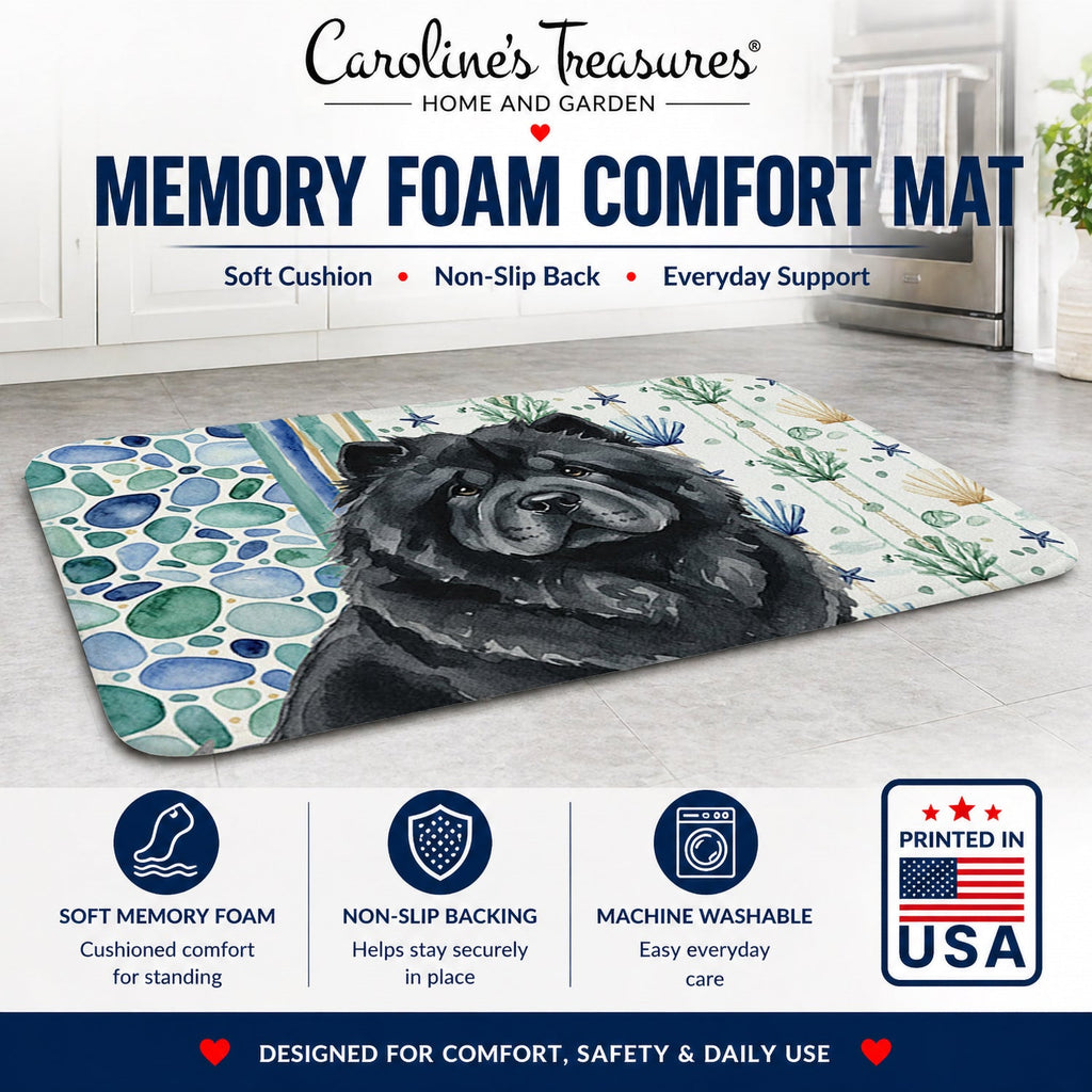 Black Chow Chow Coastal Sea Glass Memory Foam Kitchen Mat Machine Washable Anti-Fatigue Cushion Comfort Bath or Kitchen Rug
