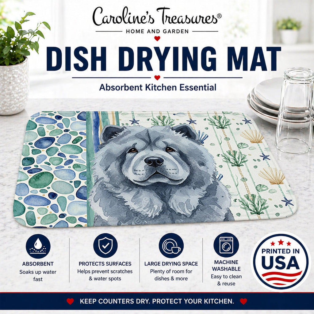 Blue Chow Chow Coastal Sea Glass Dish Drying Mat Absorbent Dish Drying Mat Pad for Kitchen Counter Dish Drainer Mat for Countertop, 14 x 21", Multicolor