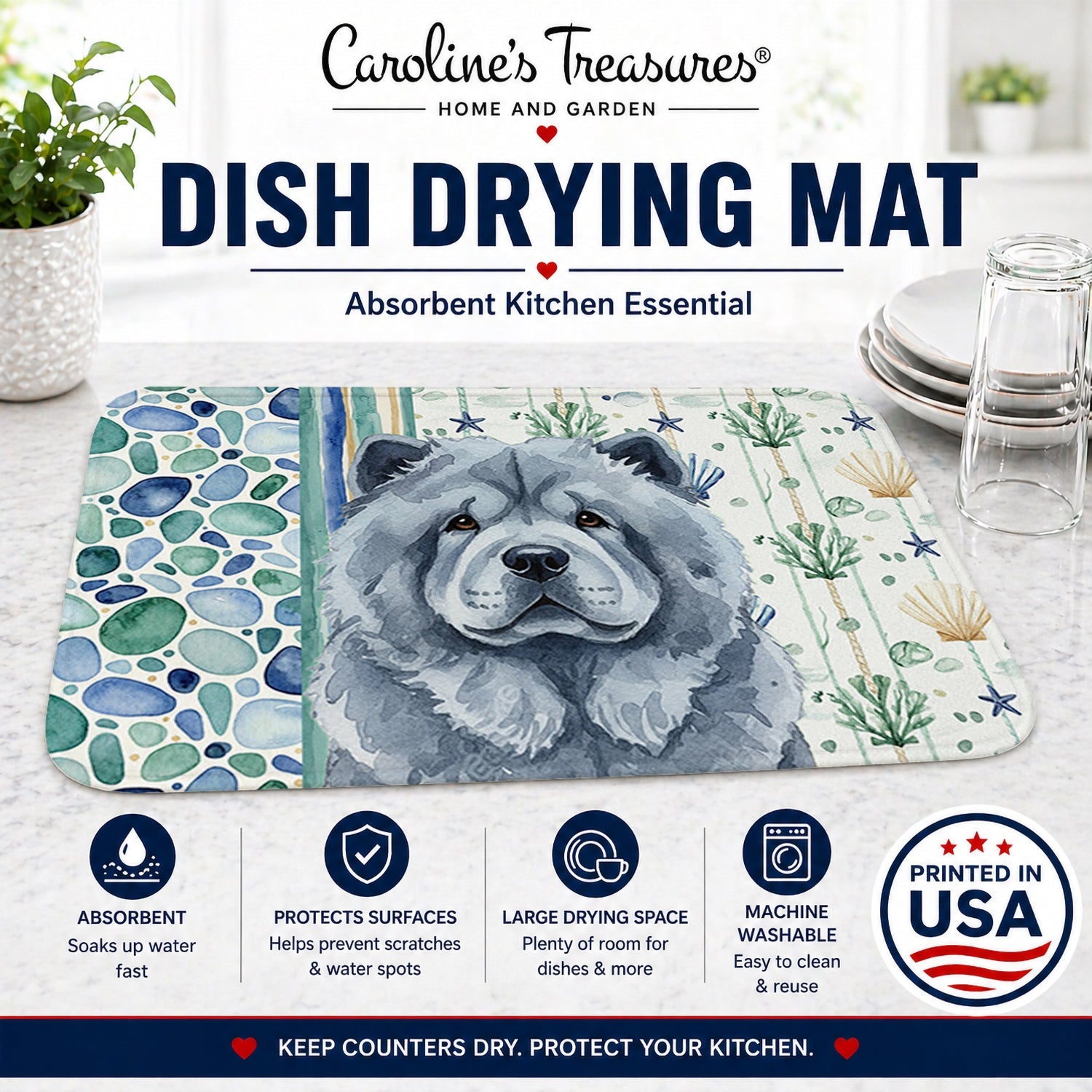 Blue Chow Chow Coastal Sea Glass Dish Drying Mat Absorbent Dish Drying Mat Pad for Kitchen Counter Dish Drainer Mat for Countertop, 14 x 21", Multicolor