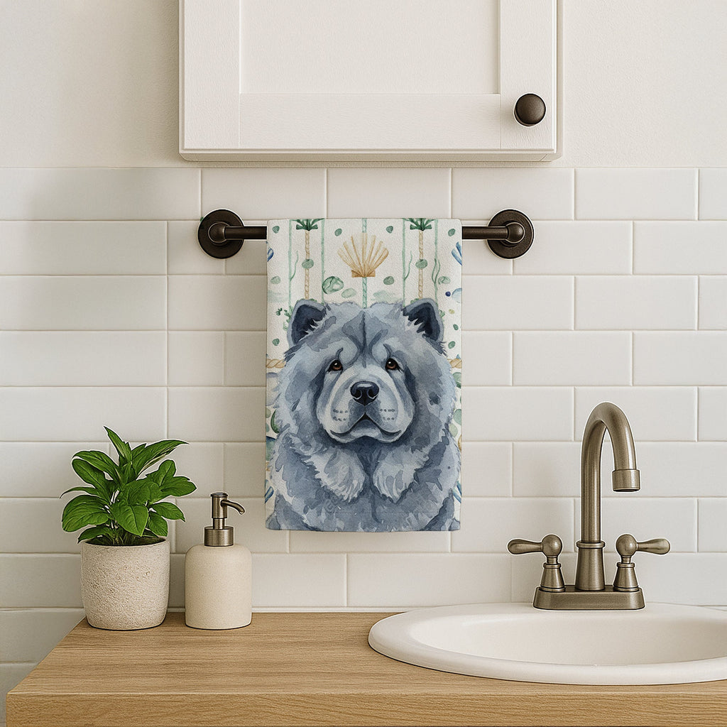 Blue Chow Chow Coastal Sea Glass Kitchen Towel Velour Plush Front and Cotton Loop Back Machine Washable