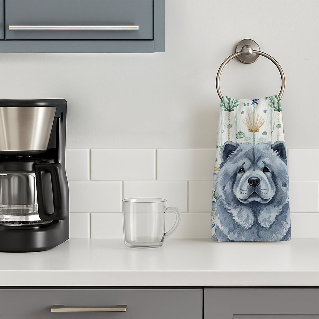 Blue Chow Chow Coastal Sea Glass Kitchen Towel Velour Plush Front and Cotton Loop Back Machine Washable