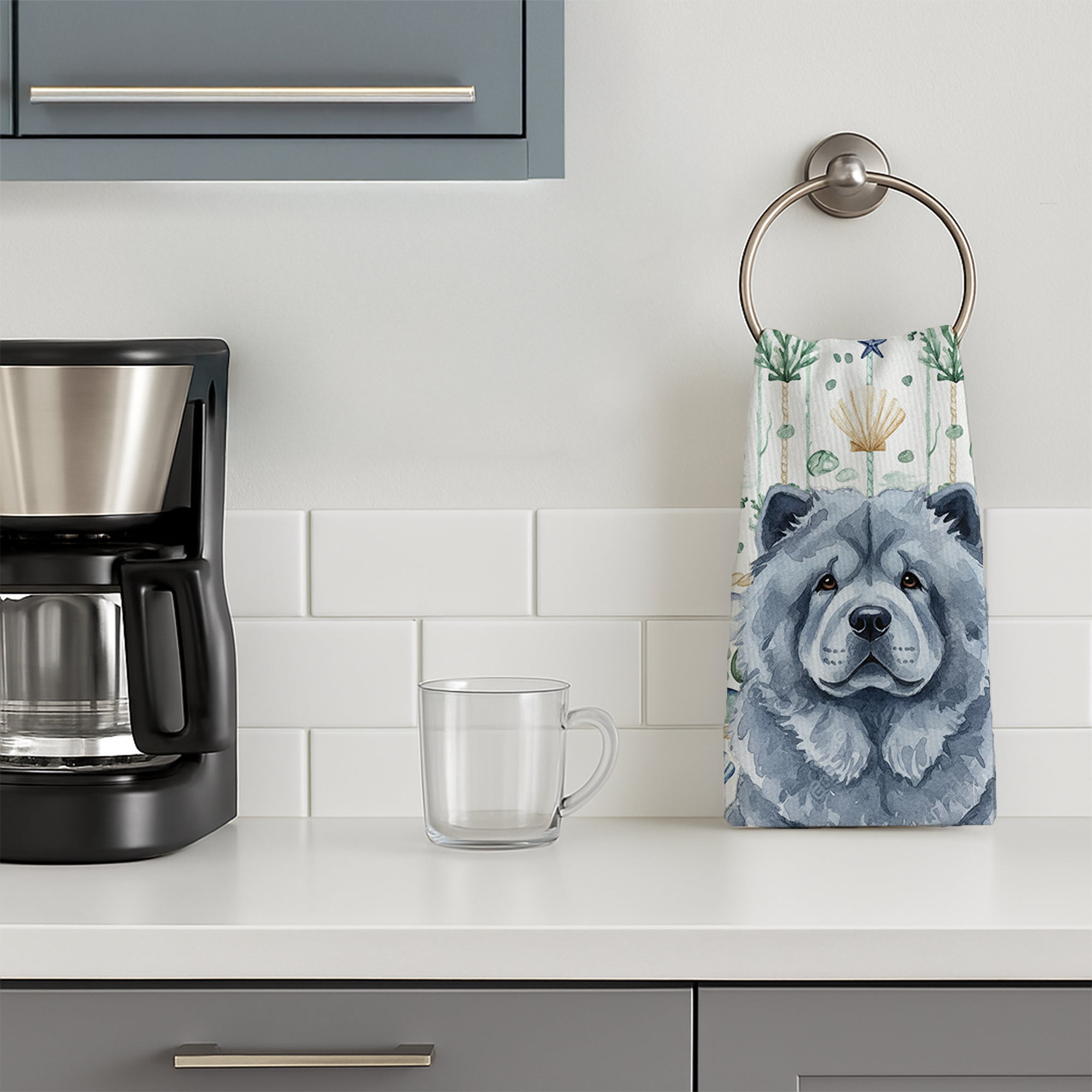 Blue Chow Chow Coastal Sea Glass Kitchen Towel Velour Plush Front and Cotton Loop Back Machine Washable