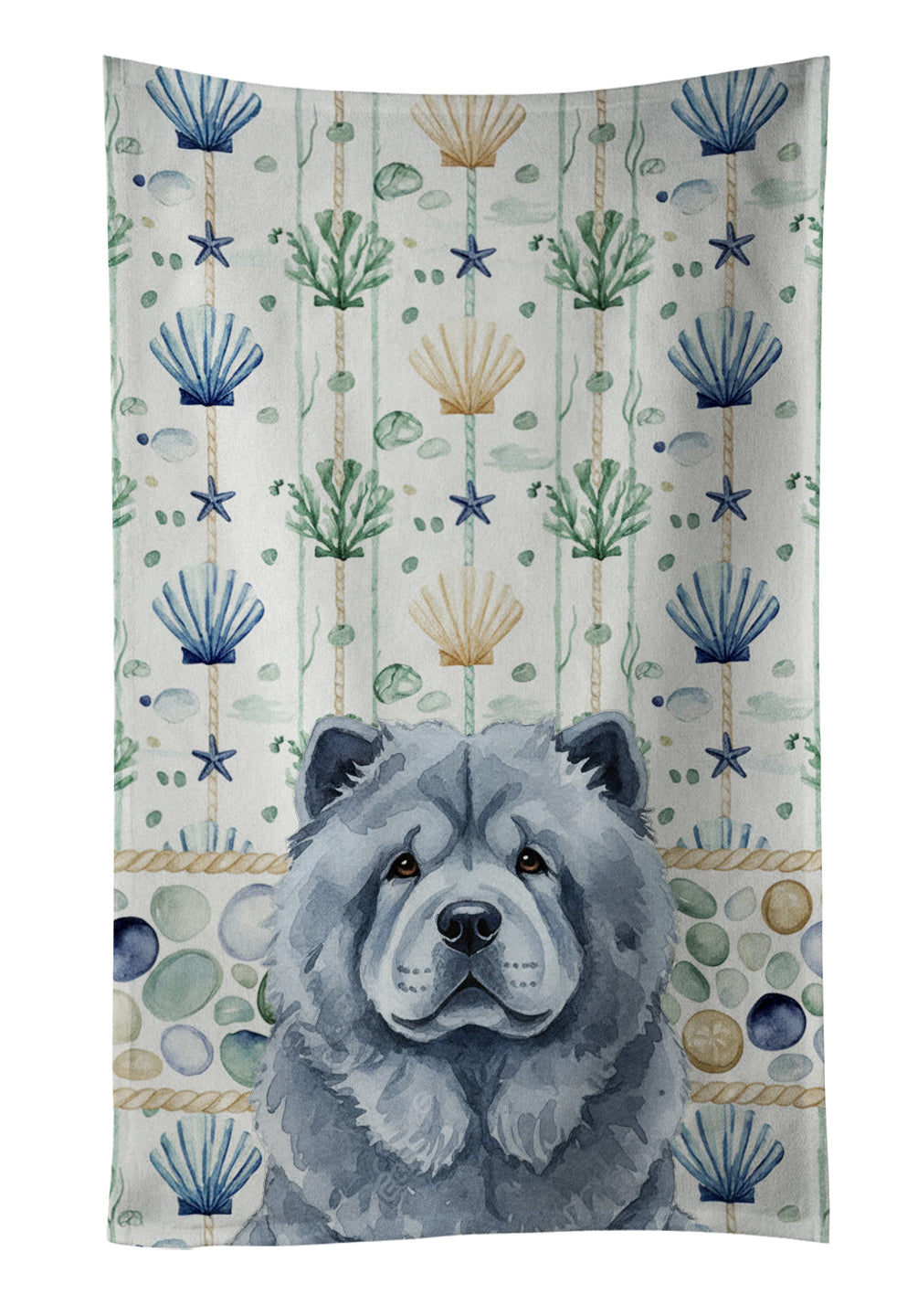 Blue Chow Chow Coastal Sea Glass Kitchen Towel Velour Plush Front and Cotton Loop Back Machine Washable