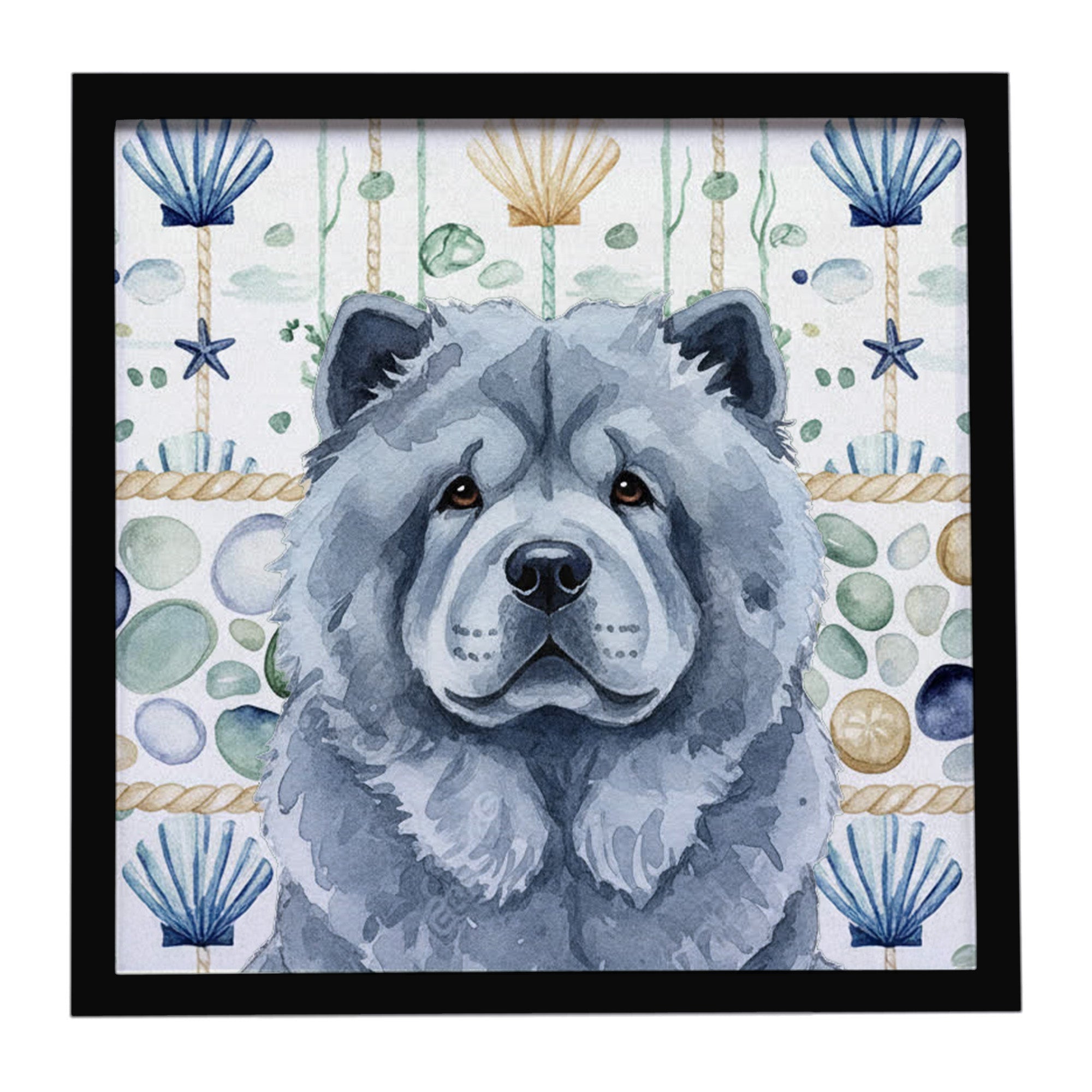 Blue Chow Chow Coastal Sea Glass Framed Metal Print Bathroom, Kitchen, Office, Home Decor Wall Art Ready to Hang, Square, 8X8
