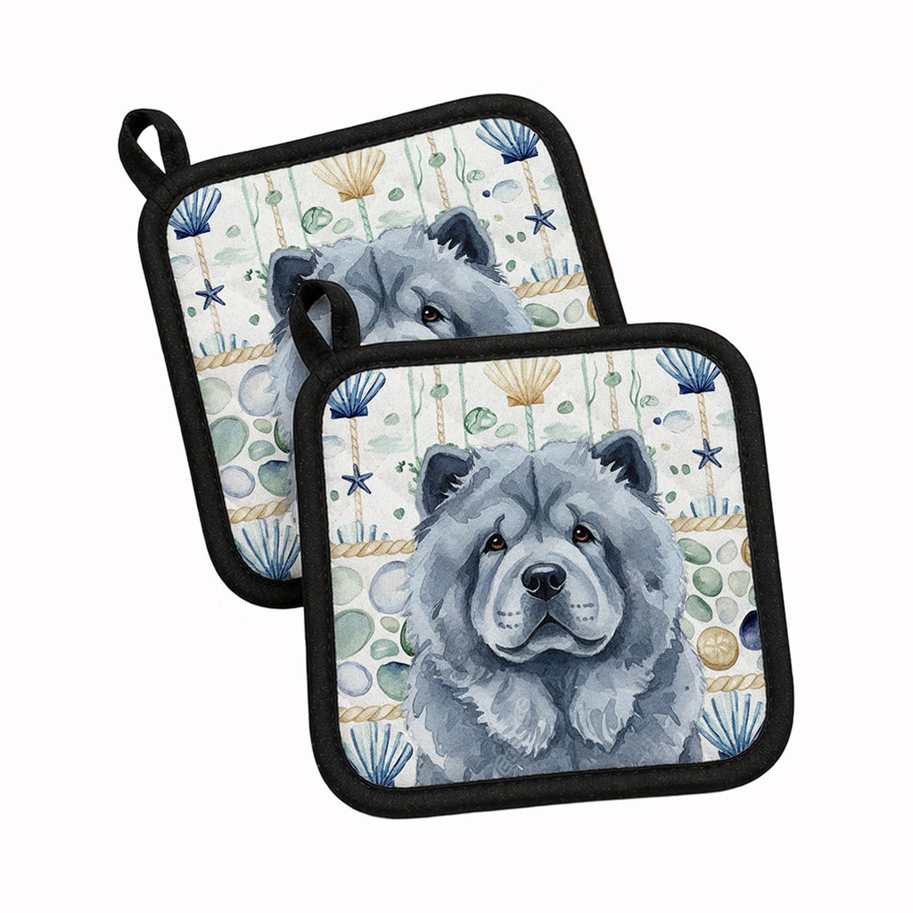 Blue Chow Chow Coastal Sea Glass Pot Holder Set of 2 Heat Resistant Quilted Hot Pads 7.5 x 7.5 Inch, Insulated Kitchen Trivets for Cooking & Baking