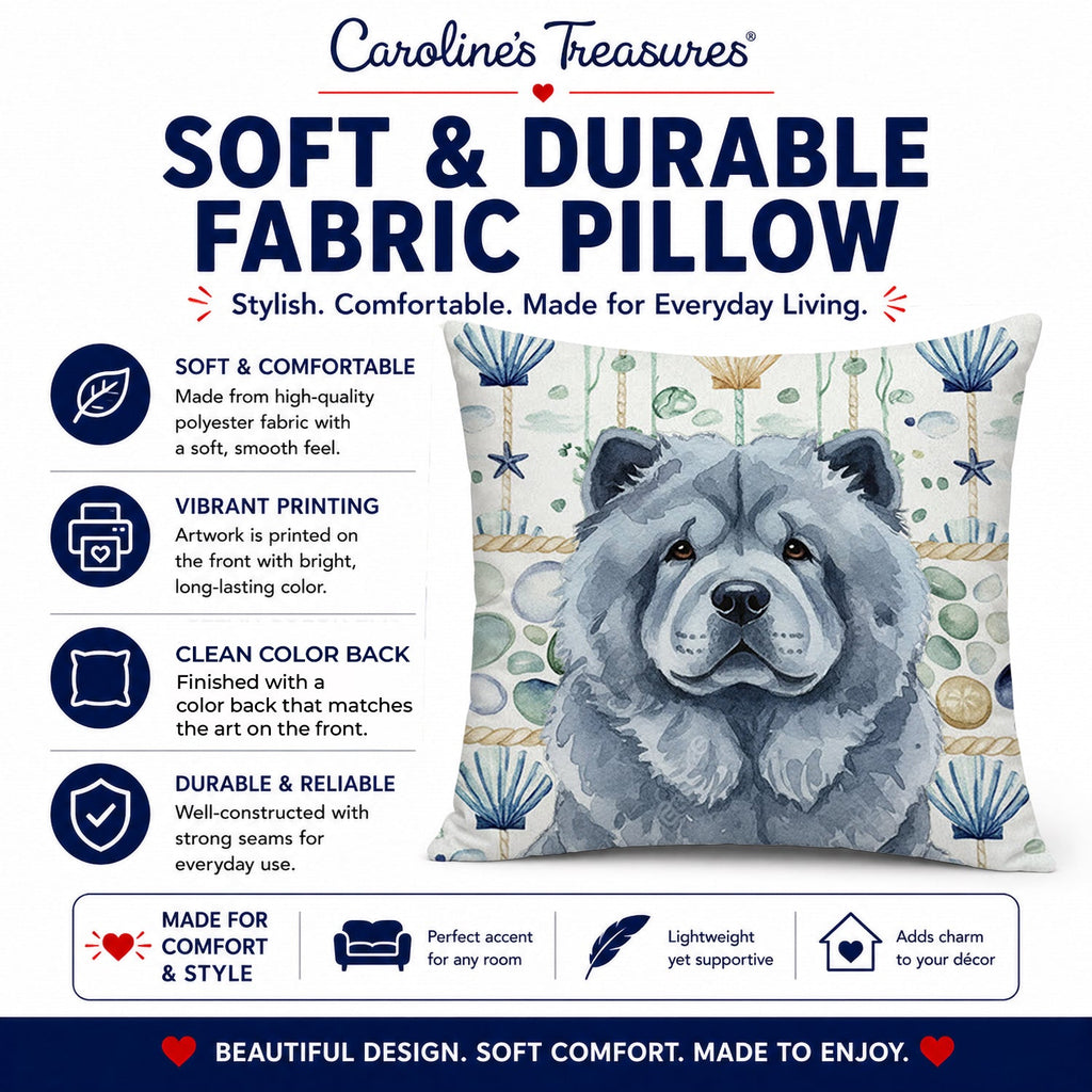 Blue Chow Chow Coastal Sea Glass Decorative Throw Pillow 14x14 Indoor Outdoor Accent Cushion, Fabric Cover with Insert for Sofa, Bed, Porch & Living Room