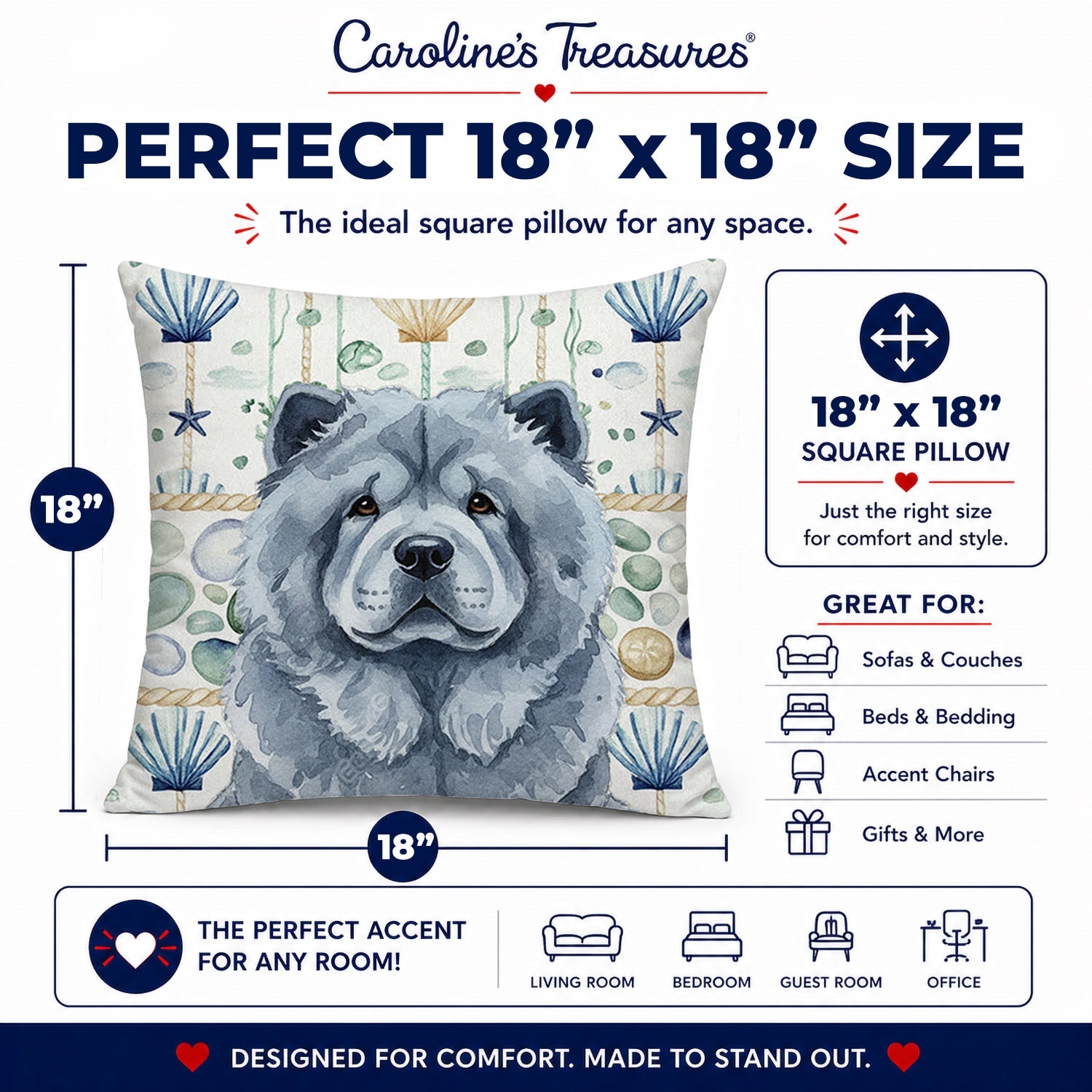Blue Chow Chow Coastal Sea Glass Decorative Throw Pillow 18x18 Indoor Outdoor Accent Cushion, Fabric Cover with Insert for Sofa, Bed, Porch & Living Room