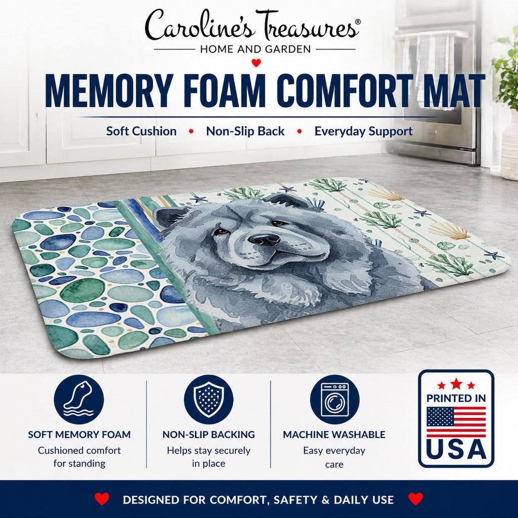 Blue Chow Chow Coastal Sea Glass Memory Foam Kitchen Mat Machine Washable Anti-Fatigue Cushion Comfort Bath or Kitchen Rug
