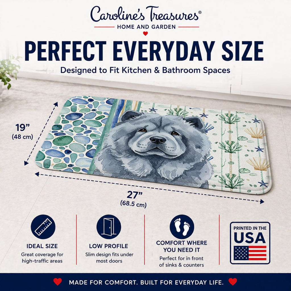 Blue Chow Chow Coastal Sea Glass Memory Foam Kitchen Mat Machine Washable Anti-Fatigue Cushion Comfort Bath or Kitchen Rug