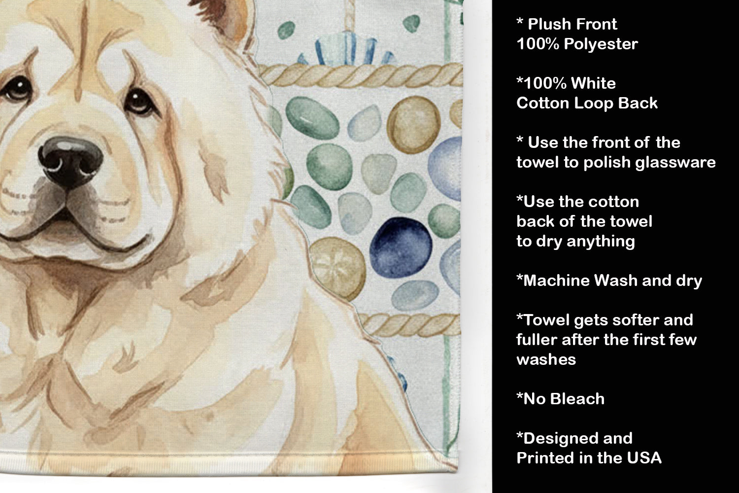 Cream Chow Chow Coastal Sea Glass Kitchen Towel Velour Plush Front and Cotton Loop Back Machine Washable