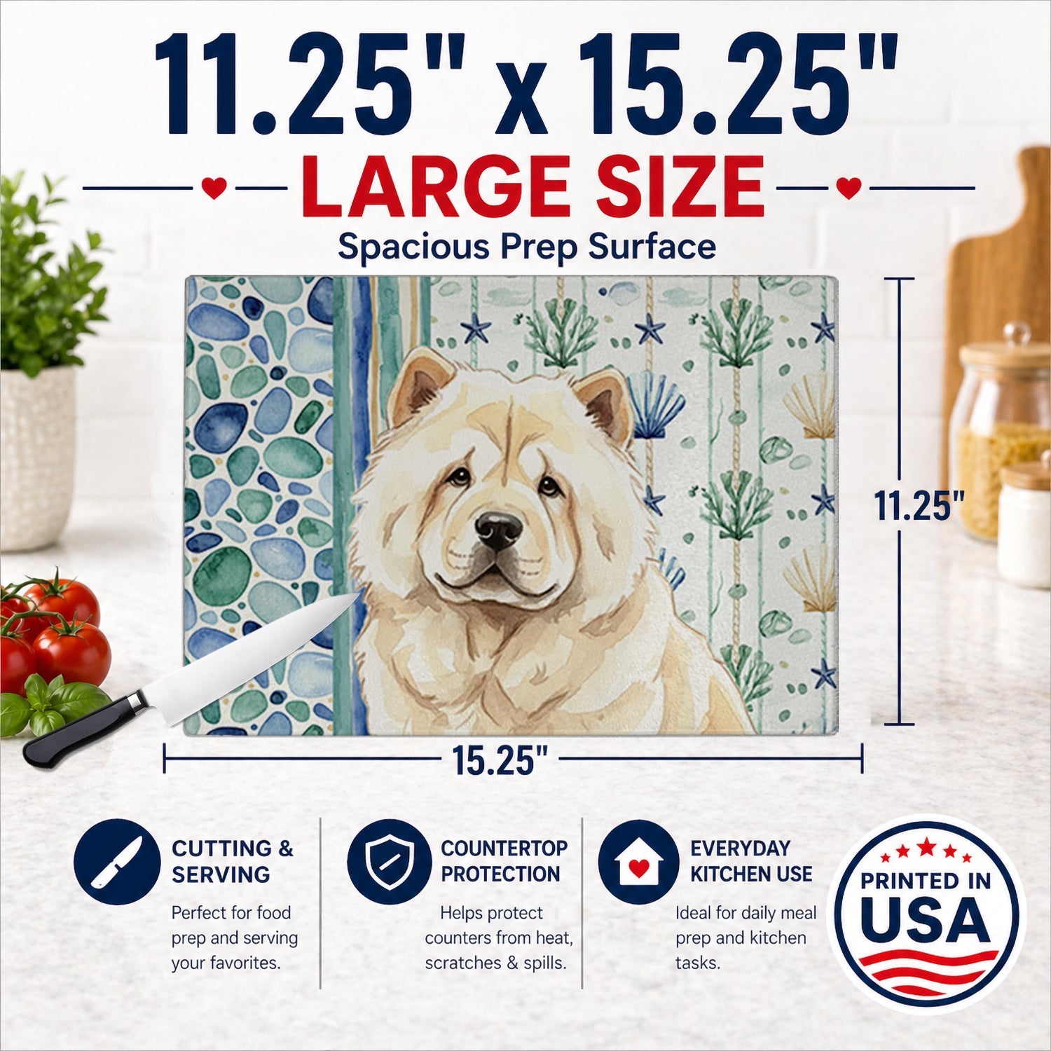 Cream Chow Chow Coastal Sea Glass Cutting Board Tempered Glass Kitchen Cutting Surface, Heat Resistant Chopping, Non-Slip Feet, Food Prep & Serving