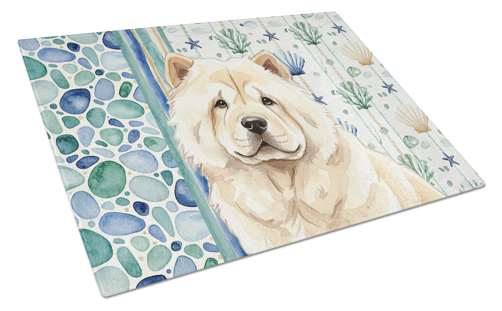 Cream Chow Chow Coastal Sea Glass Cutting Board Tempered Glass Kitchen Cutting Surface, Heat Resistant Chopping, Non-Slip Feet, Food Prep & Serving