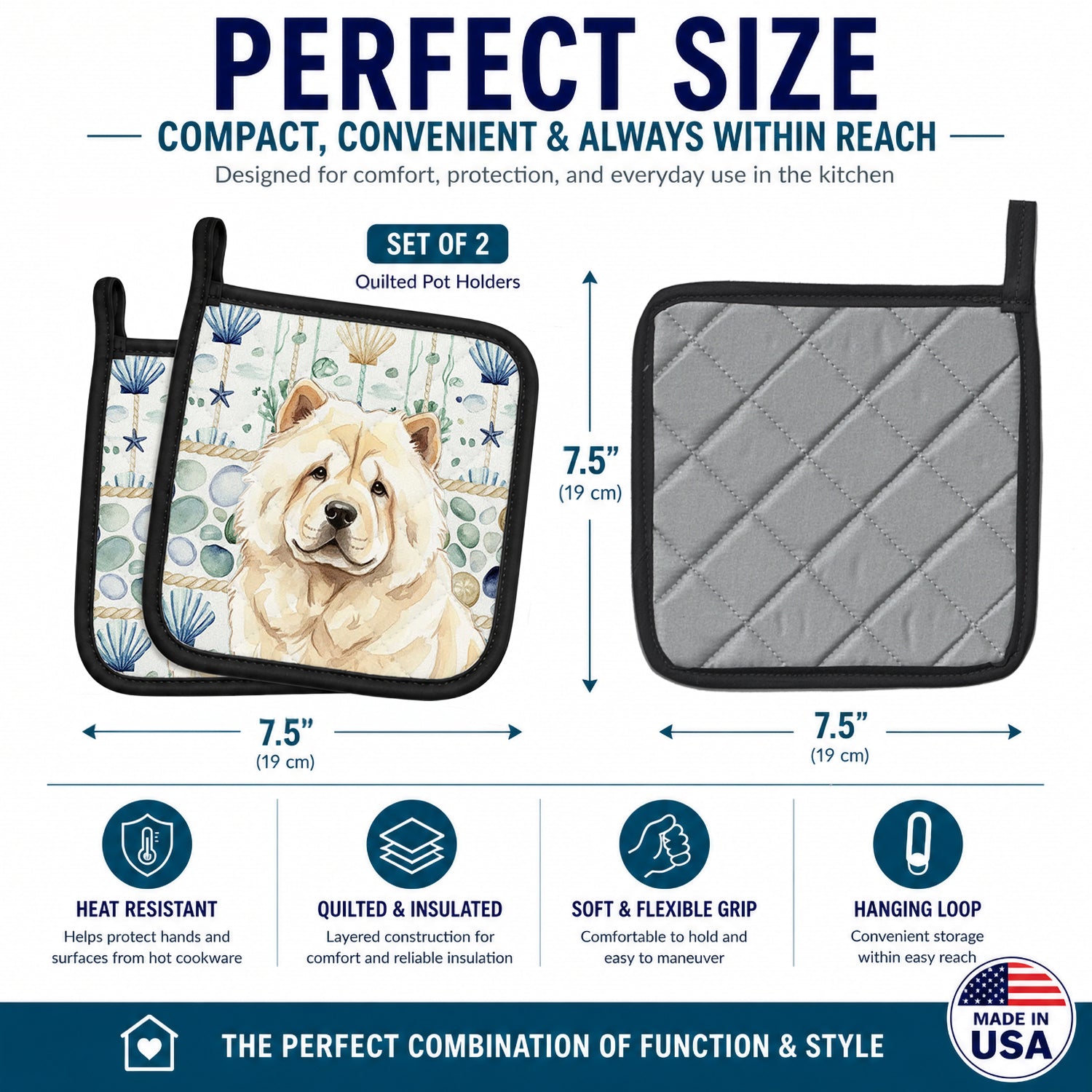 Cream Chow Chow Coastal Sea Glass Pot Holder Set of 2 Heat Resistant Quilted Hot Pads 7.5 x 7.5 Inch, Insulated Kitchen Trivets for Cooking & Baking